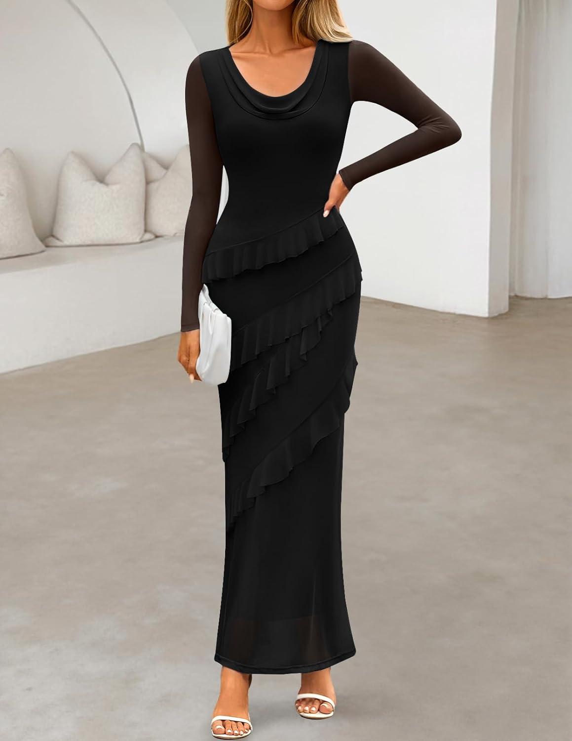 imageMEROKEETY Womens Fall Floral Long Sleeve Maxi Dress 2026 Cowl Neck Wedding Guest Ruffle Mesh Cocktail Bodycon Formal DressesBlack