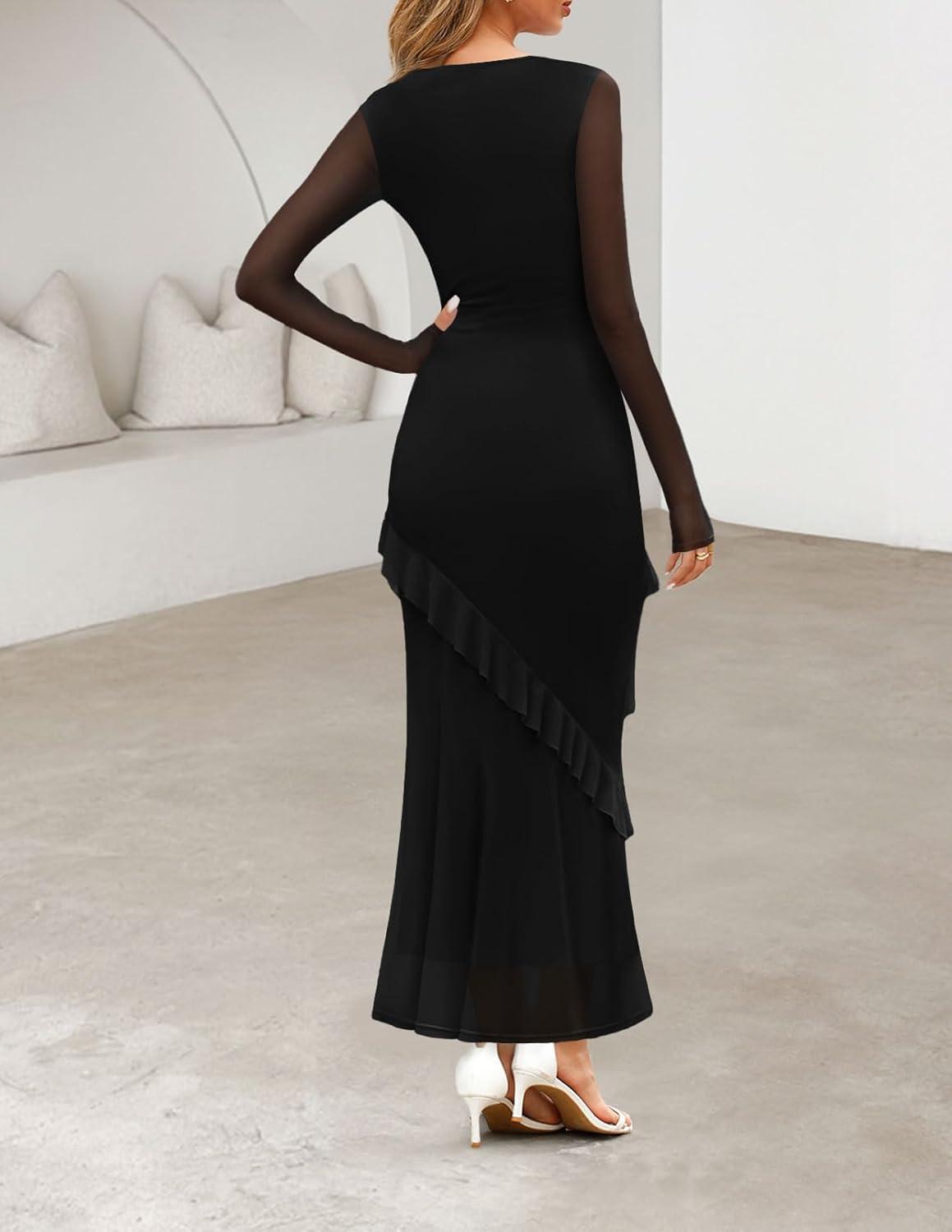 imageMEROKEETY Womens Fall Floral Long Sleeve Maxi Dress 2026 Cowl Neck Wedding Guest Ruffle Mesh Cocktail Bodycon Formal DressesBlack