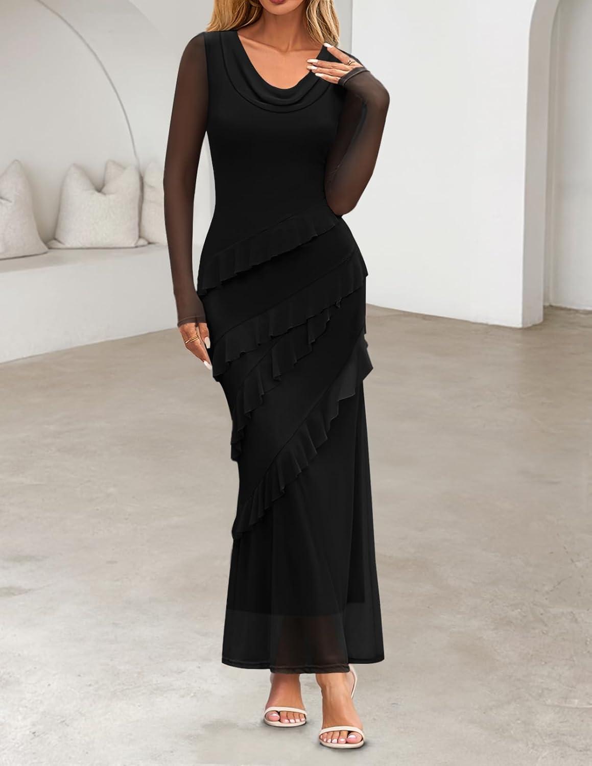 imageMEROKEETY Womens Fall Floral Long Sleeve Maxi Dress 2026 Cowl Neck Wedding Guest Ruffle Mesh Cocktail Bodycon Formal DressesBlack