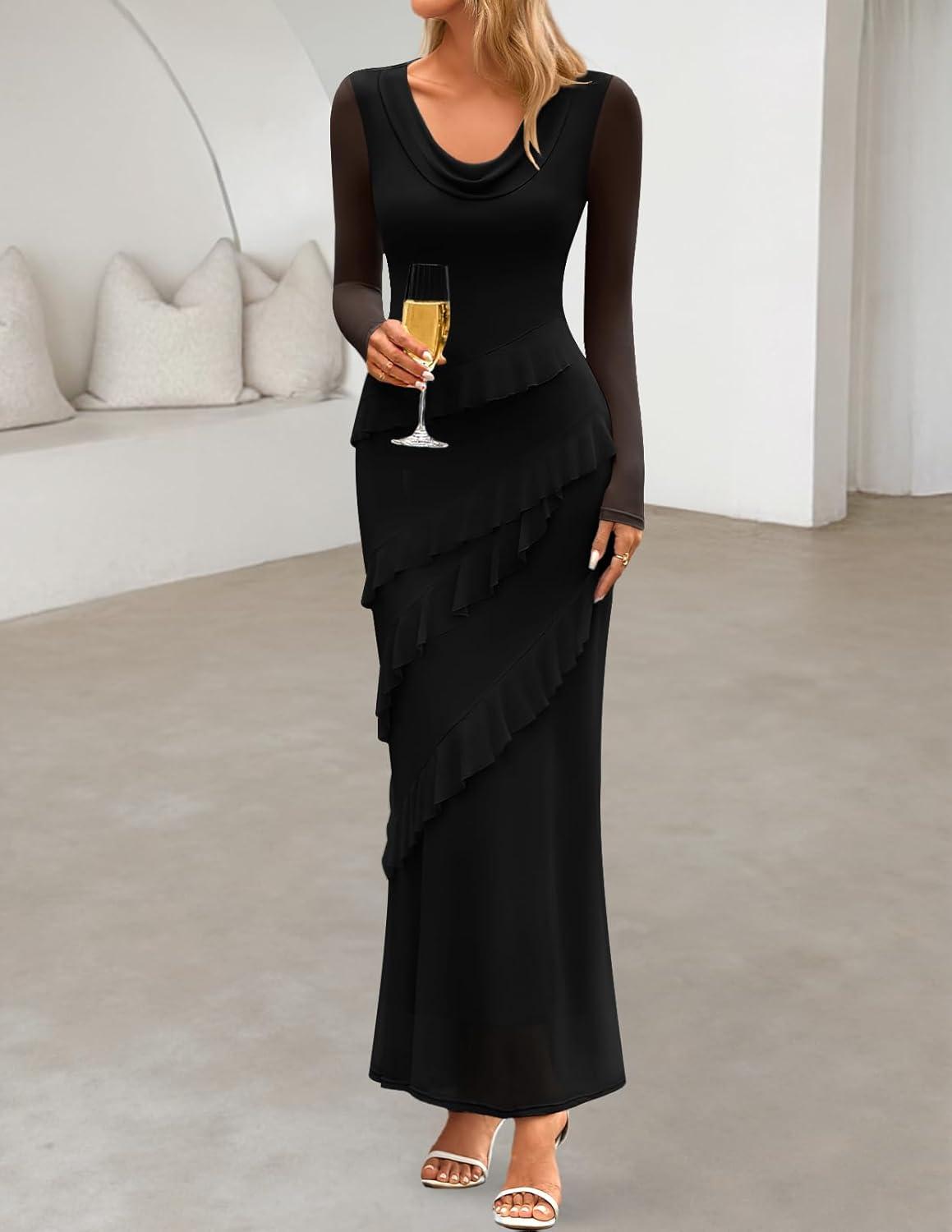 imageMEROKEETY Womens Fall Floral Long Sleeve Maxi Dress 2026 Cowl Neck Wedding Guest Ruffle Mesh Cocktail Bodycon Formal DressesBlack