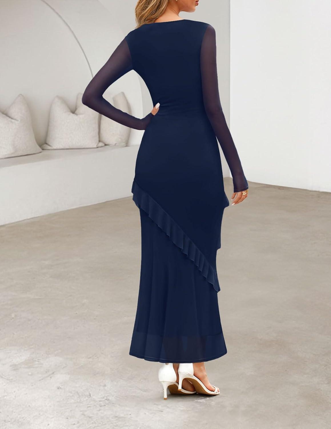 imageMEROKEETY Womens Fall Floral Long Sleeve Maxi Dress 2026 Cowl Neck Wedding Guest Ruffle Mesh Cocktail Bodycon Formal DressesNavy