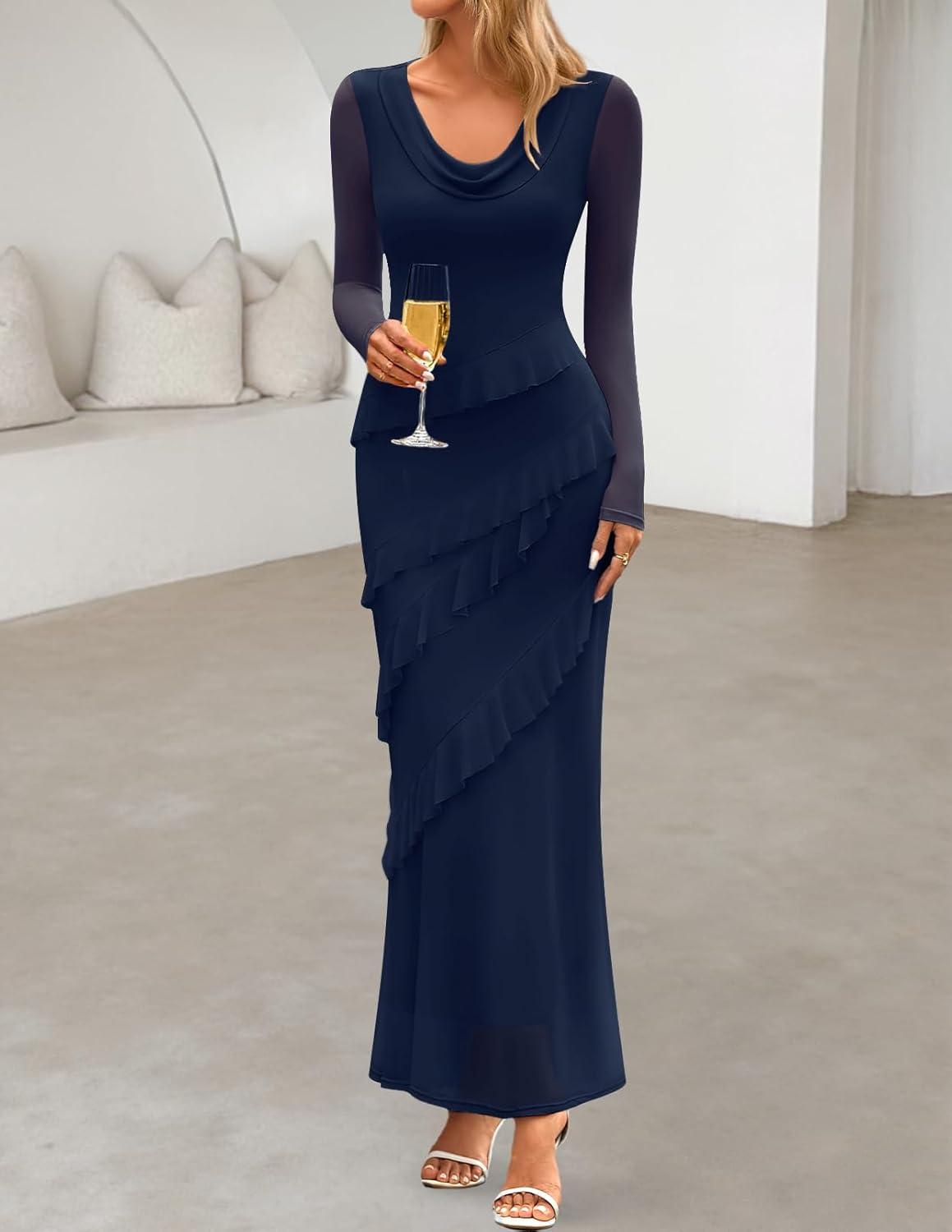imageMEROKEETY Womens Fall Floral Long Sleeve Maxi Dress 2026 Cowl Neck Wedding Guest Ruffle Mesh Cocktail Bodycon Formal DressesNavy
