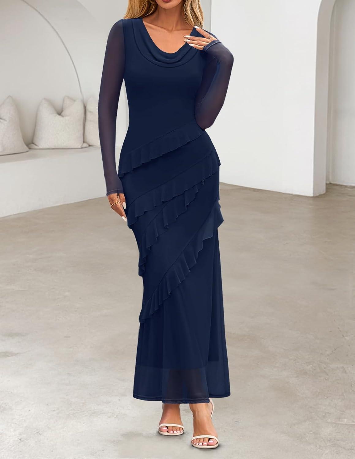 imageMEROKEETY Womens Fall Floral Long Sleeve Maxi Dress 2026 Cowl Neck Wedding Guest Ruffle Mesh Cocktail Bodycon Formal DressesNavy
