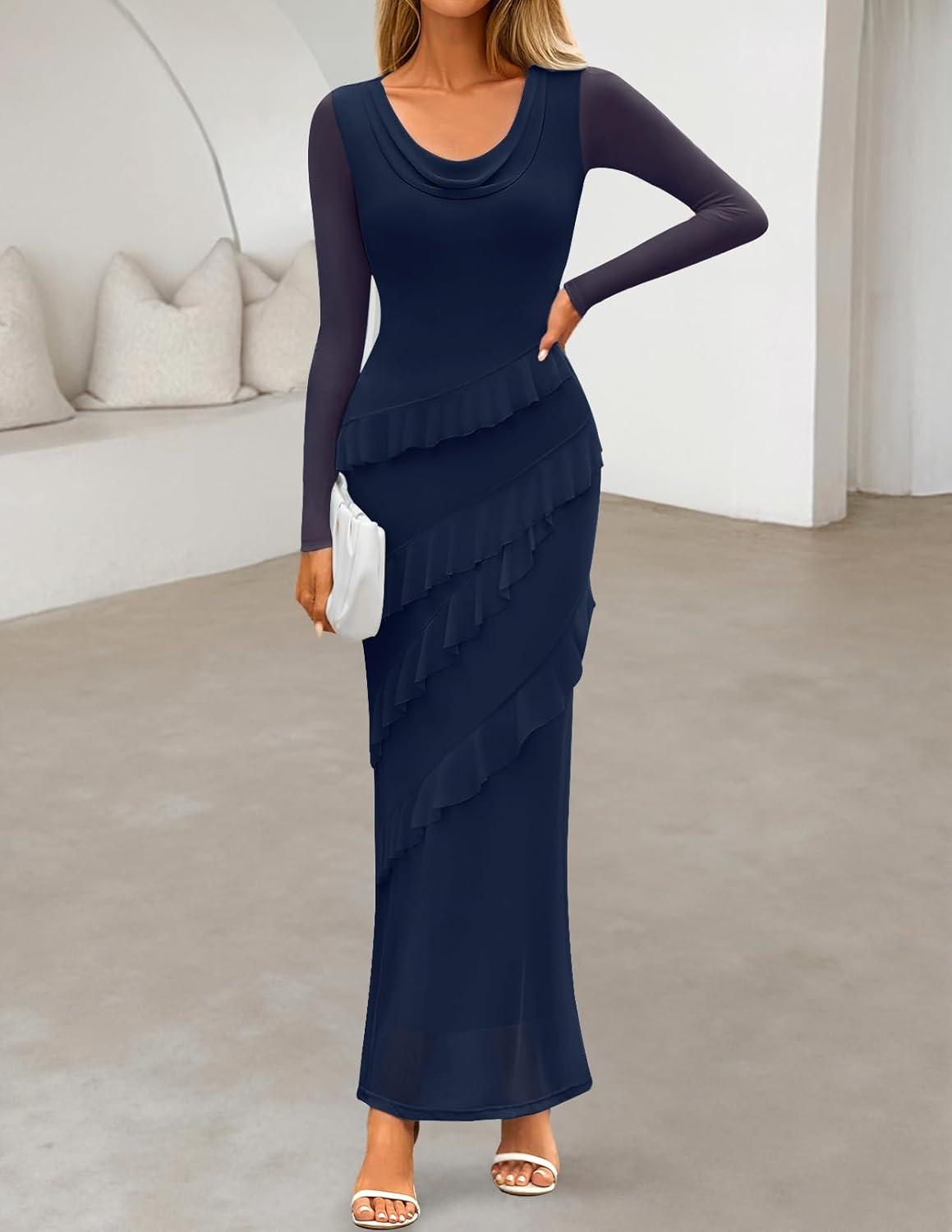 imageMEROKEETY Womens Fall Floral Long Sleeve Maxi Dress 2026 Cowl Neck Wedding Guest Ruffle Mesh Cocktail Bodycon Formal DressesNavy