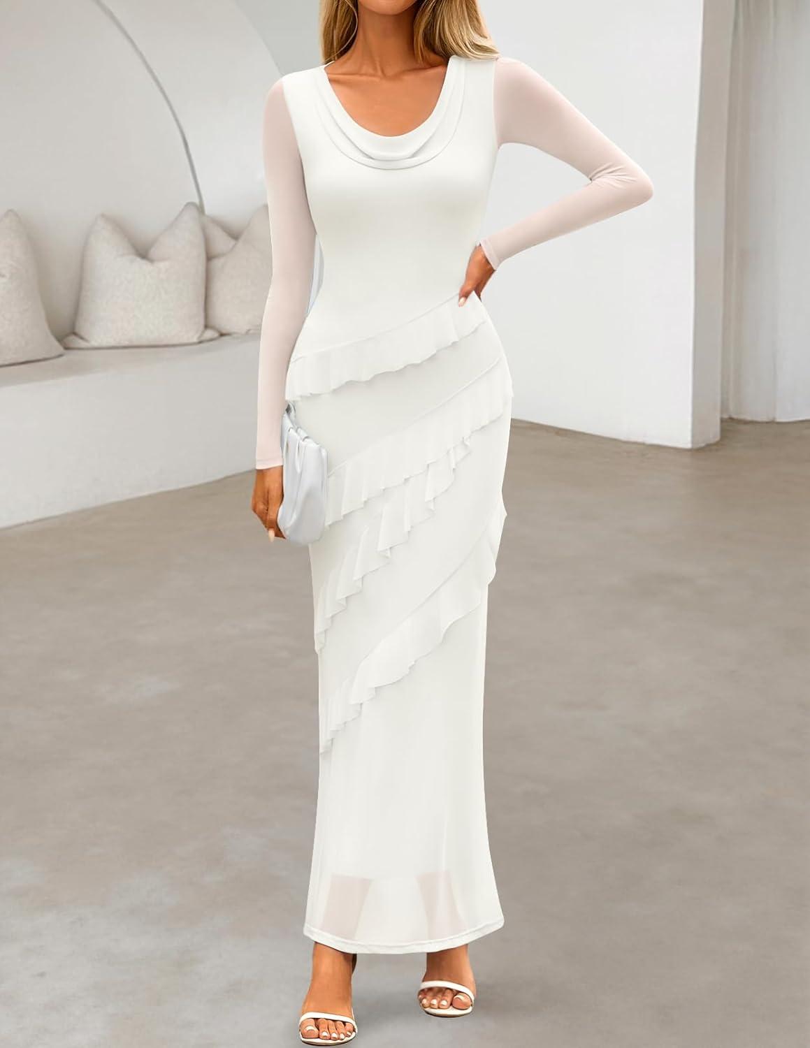 imageMEROKEETY Womens Fall Floral Long Sleeve Maxi Dress 2026 Cowl Neck Wedding Guest Ruffle Mesh Cocktail Bodycon Formal DressesWhite
