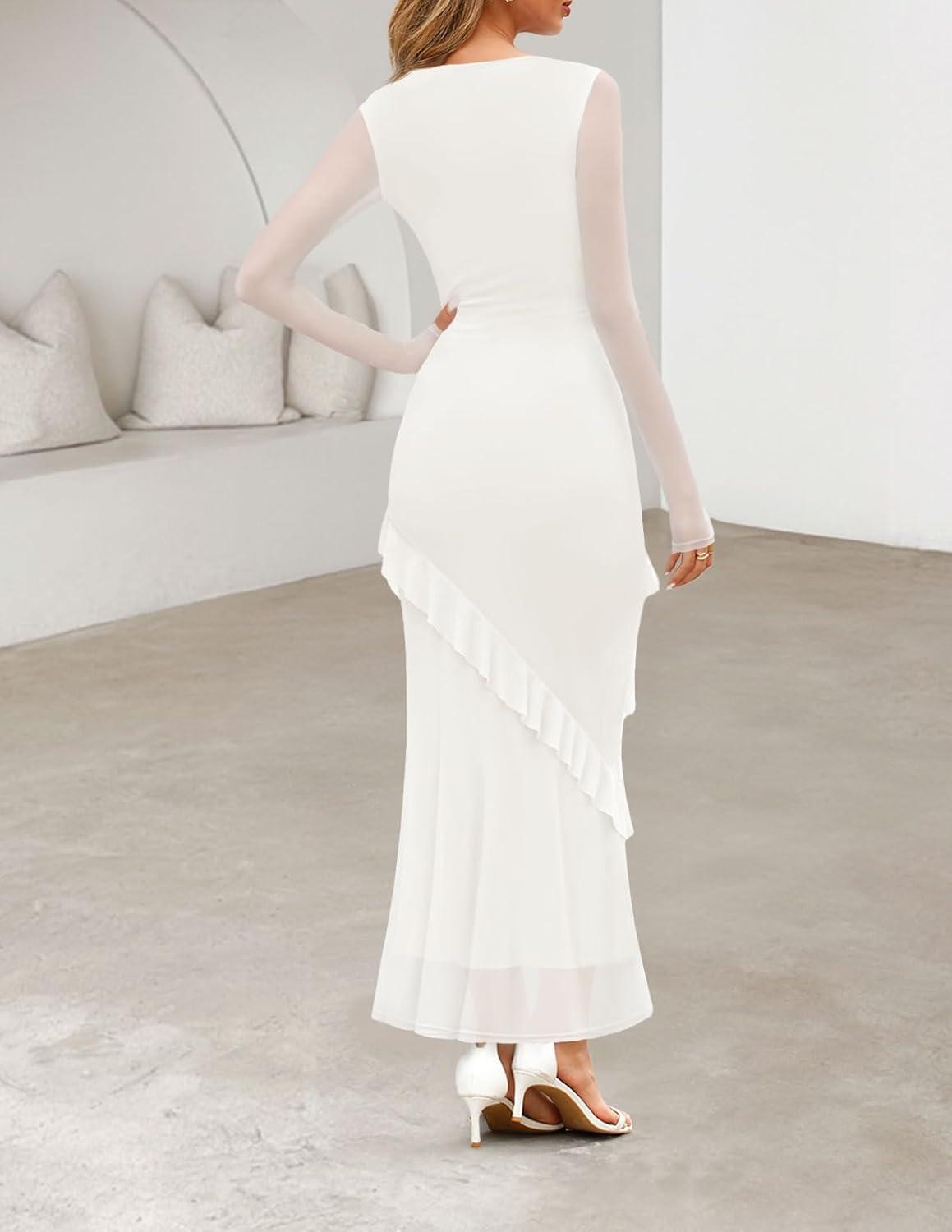imageMEROKEETY Womens Fall Floral Long Sleeve Maxi Dress 2026 Cowl Neck Wedding Guest Ruffle Mesh Cocktail Bodycon Formal DressesWhite