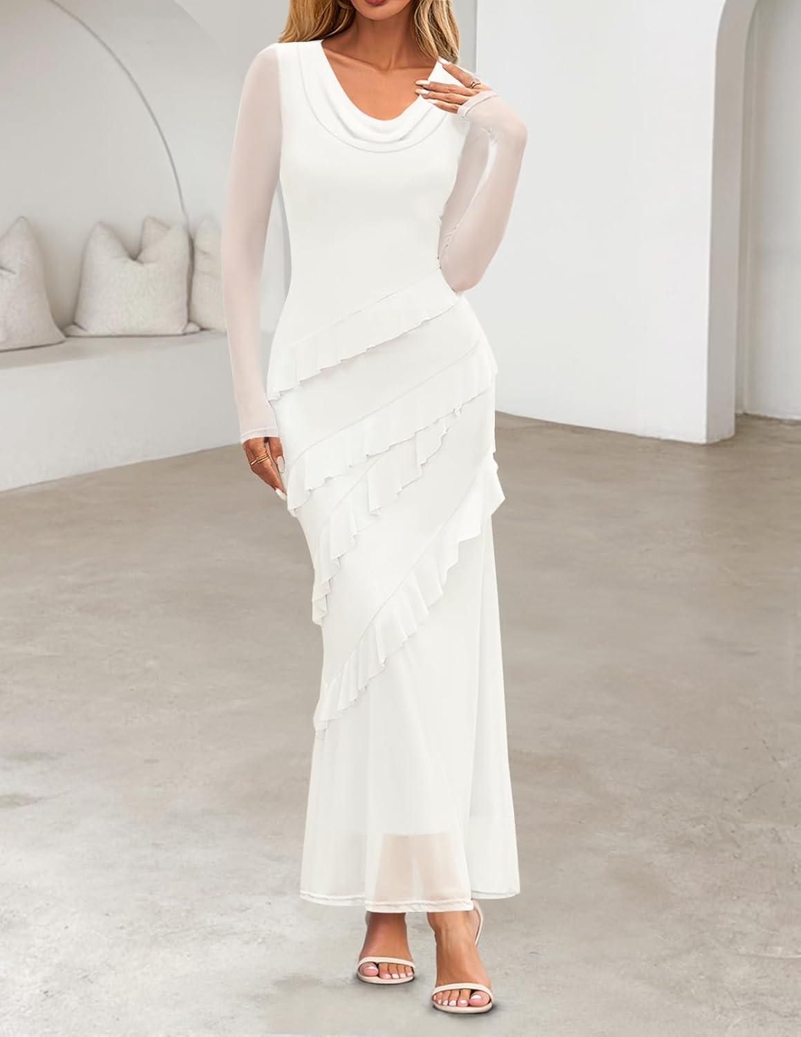 imageMEROKEETY Womens Fall Floral Long Sleeve Maxi Dress 2026 Cowl Neck Wedding Guest Ruffle Mesh Cocktail Bodycon Formal DressesWhite