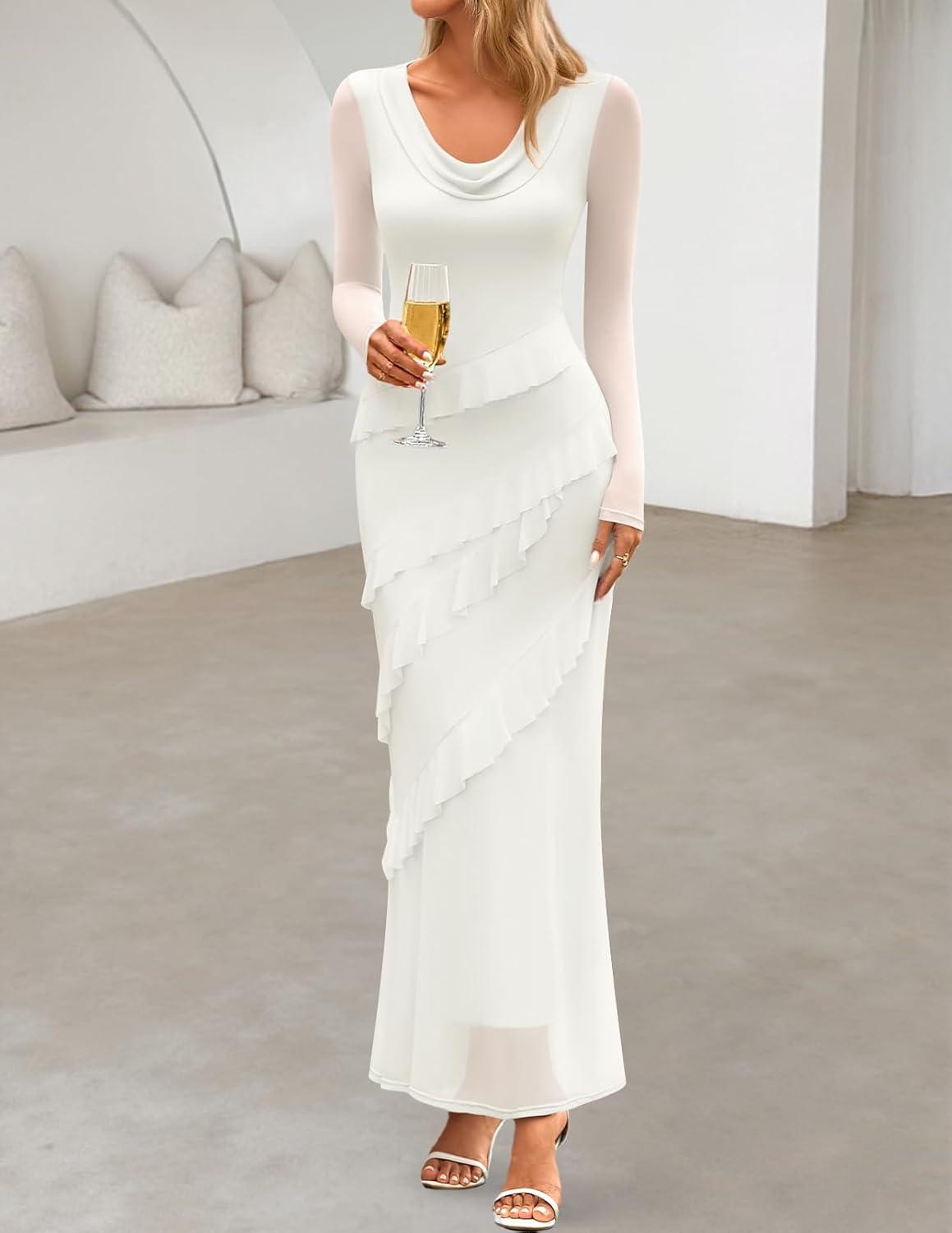 imageMEROKEETY Womens Fall Floral Long Sleeve Maxi Dress 2026 Cowl Neck Wedding Guest Ruffle Mesh Cocktail Bodycon Formal DressesWhite