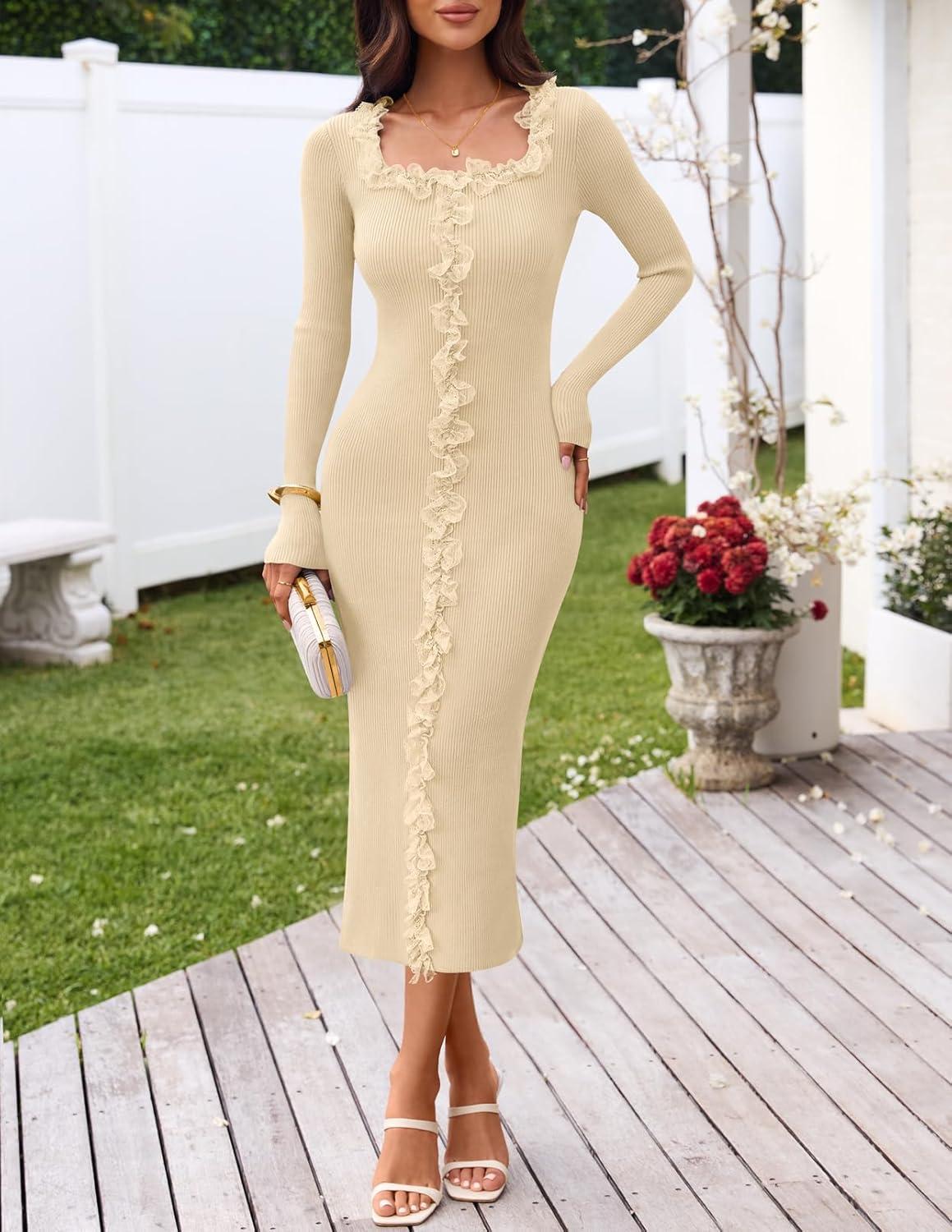 imageMEROKEETY Womens Fall Long Sleeve Sweater Dress 2025 Bodycon Square Neck Ruffle Ribbed Knit Midi DressesApricot