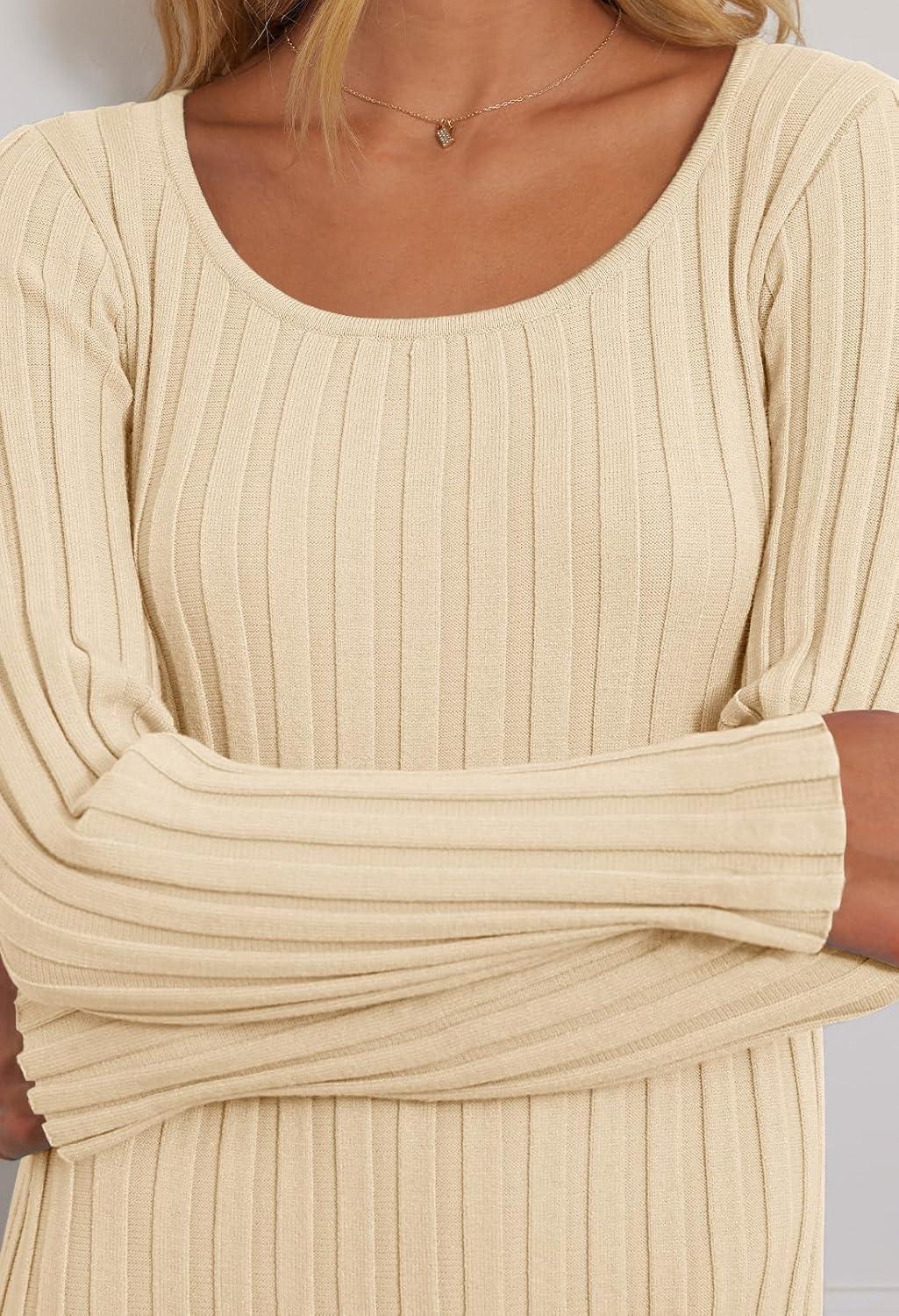 imageMEROKEETY Womens Fall Long Sleeve Sweater Dress Casual Ribbed Knit Slim Fit Bodycon Maxi DressesApricot