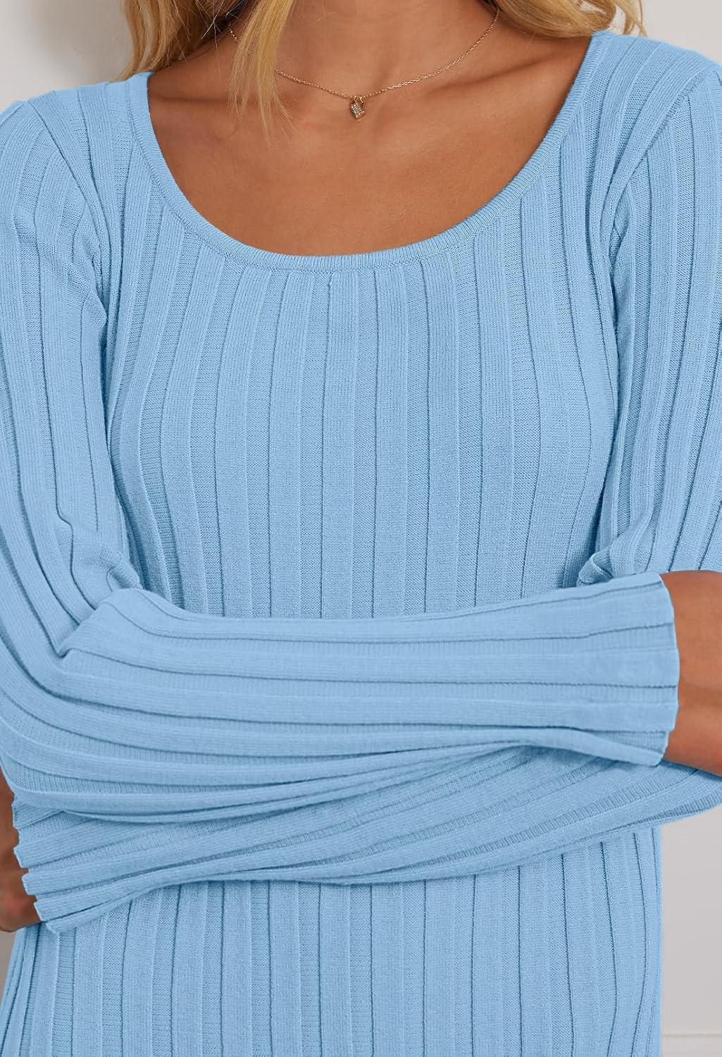 imageMEROKEETY Womens Fall Long Sleeve Sweater Dress Casual Ribbed Knit Slim Fit Bodycon Maxi DressesLightblue