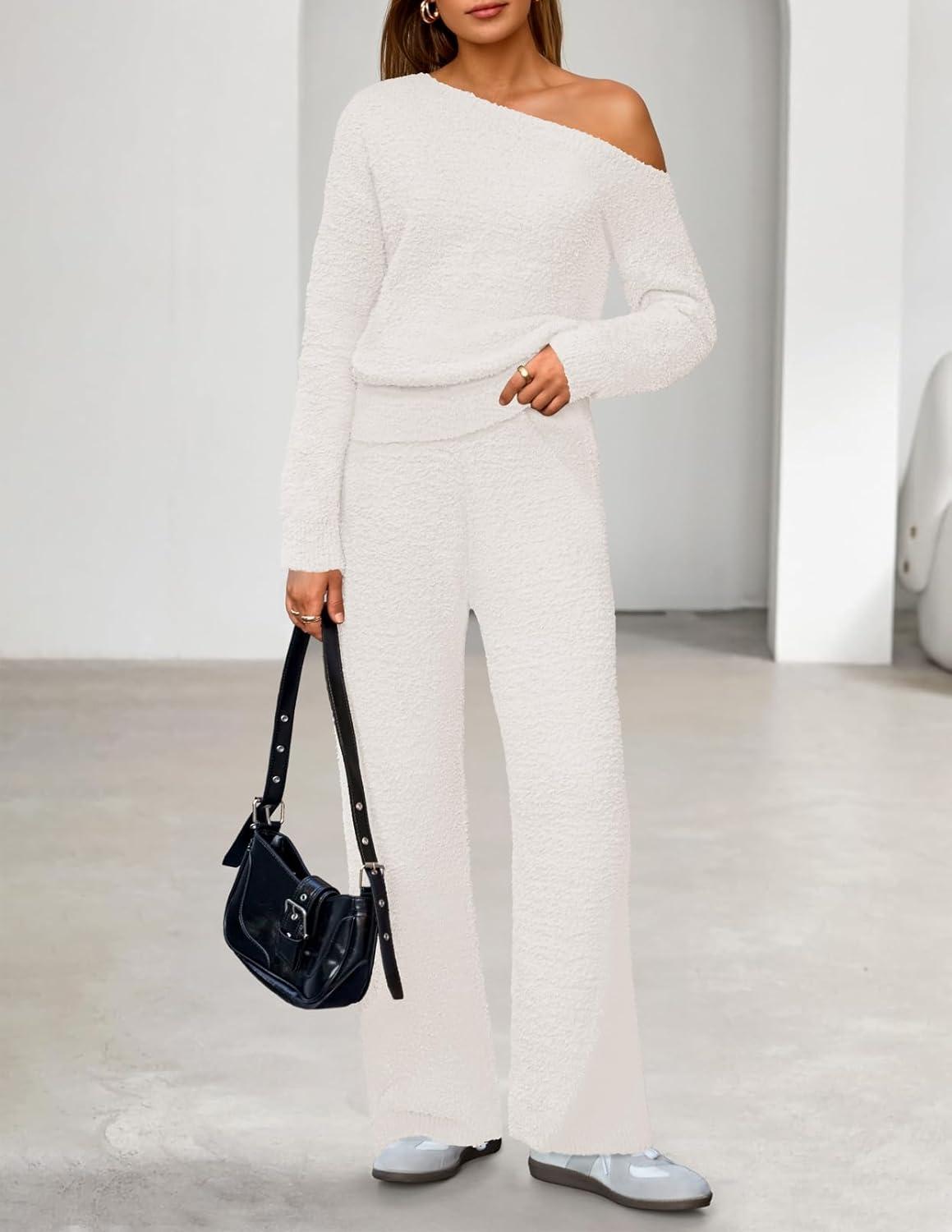 imageMEROKEETY Womens Fall Pajama Set Fuzzy Fleece 2 Piece Loungewear Off Shoulder Sweater Tops Wide Leg Pants Matching OutfitsBeige