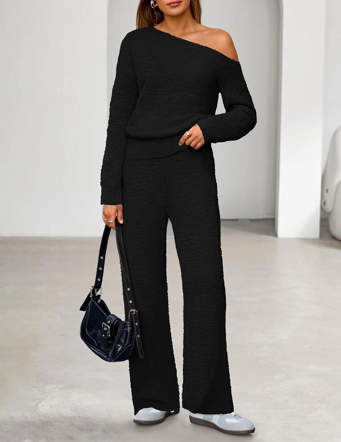 imageMEROKEETY Womens Fall Pajama Set Fuzzy Fleece 2 Piece Loungewear Off Shoulder Sweater Tops Wide Leg Pants Matching OutfitsBlack