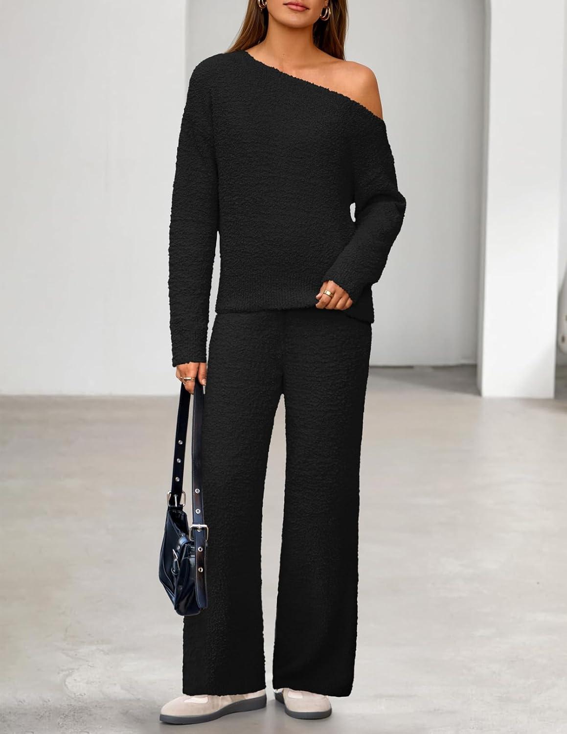 imageMEROKEETY Womens Fall Pajama Set Fuzzy Fleece 2 Piece Loungewear Off Shoulder Sweater Tops Wide Leg Pants Matching OutfitsBlack