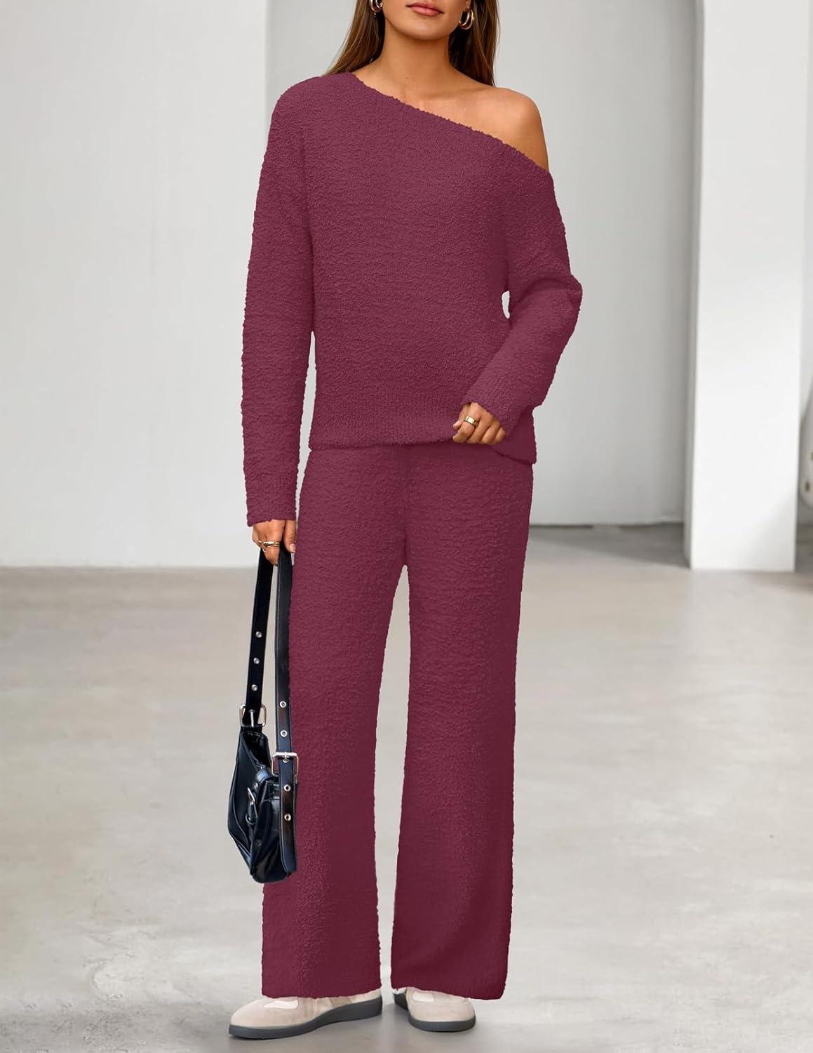 imageMEROKEETY Womens Fall Pajama Set Fuzzy Fleece 2 Piece Loungewear Off Shoulder Sweater Tops Wide Leg Pants Matching OutfitsMaroon
