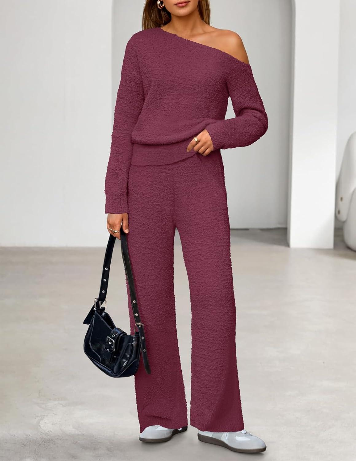 imageMEROKEETY Womens Fall Pajama Set Fuzzy Fleece 2 Piece Loungewear Off Shoulder Sweater Tops Wide Leg Pants Matching OutfitsMaroon