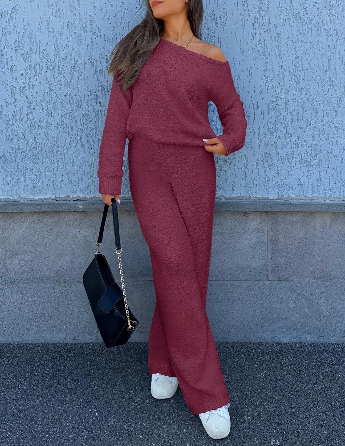imageMEROKEETY Womens Fall Pajama Set Fuzzy Fleece 2 Piece Loungewear Off Shoulder Sweater Tops Wide Leg Pants Matching OutfitsMaroon
