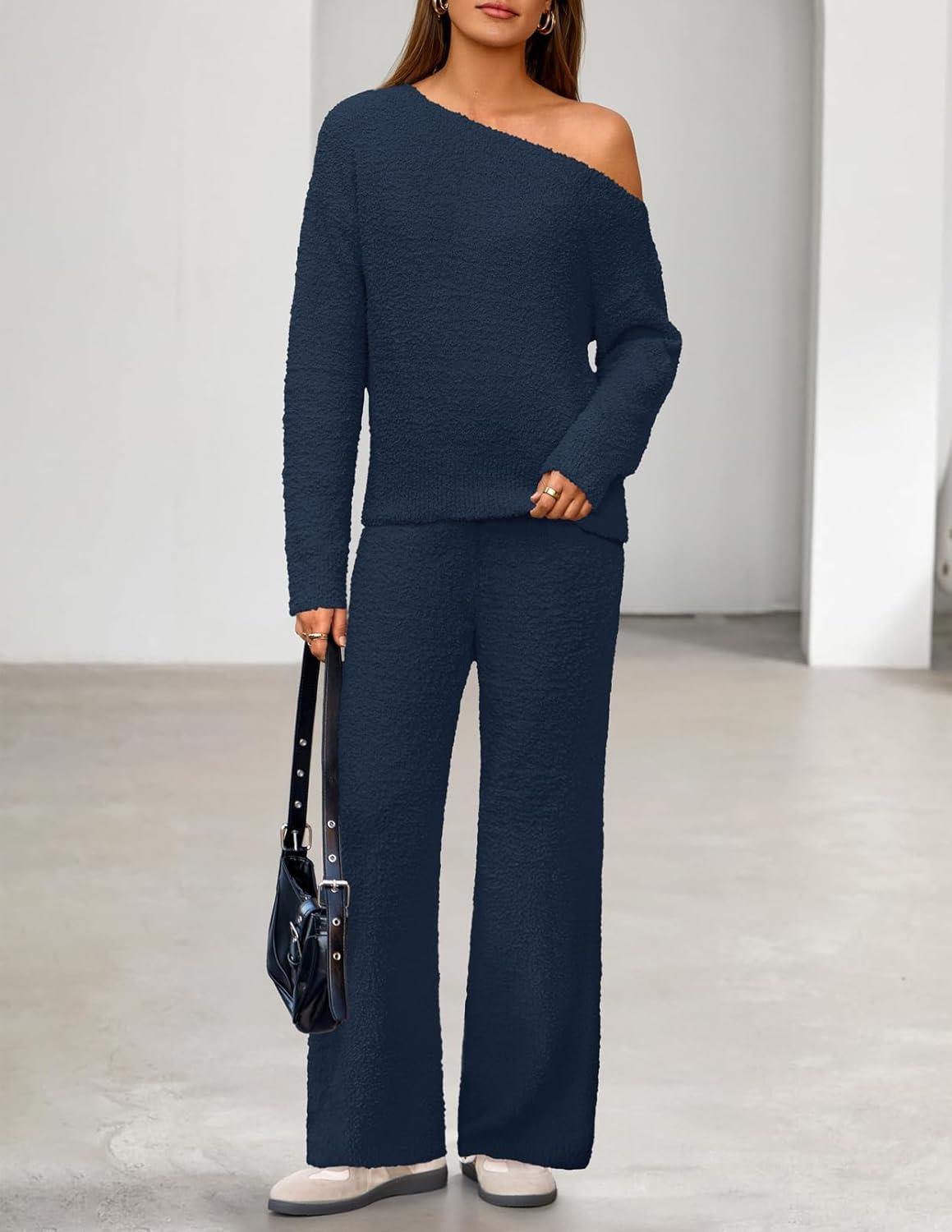 imageMEROKEETY Womens Fall Pajama Set Fuzzy Fleece 2 Piece Loungewear Off Shoulder Sweater Tops Wide Leg Pants Matching OutfitsNavy