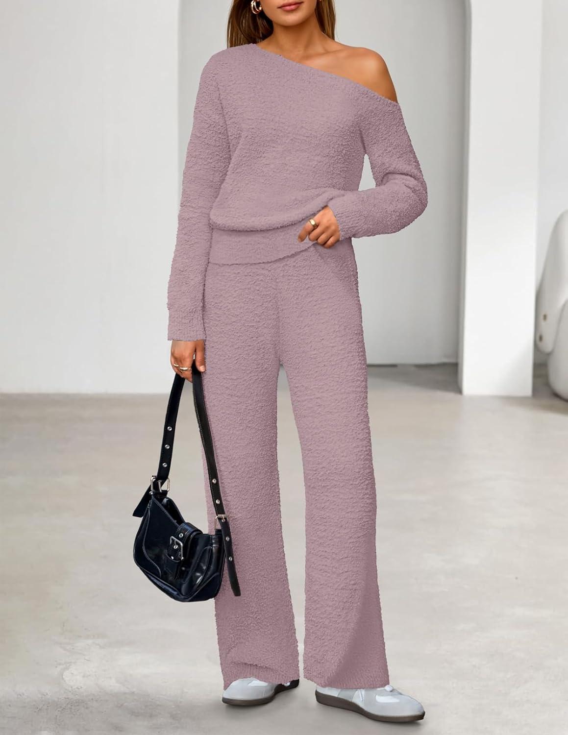 imageMEROKEETY Womens Fall Pajama Set Fuzzy Fleece 2 Piece Loungewear Off Shoulder Sweater Tops Wide Leg Pants Matching OutfitsTaro