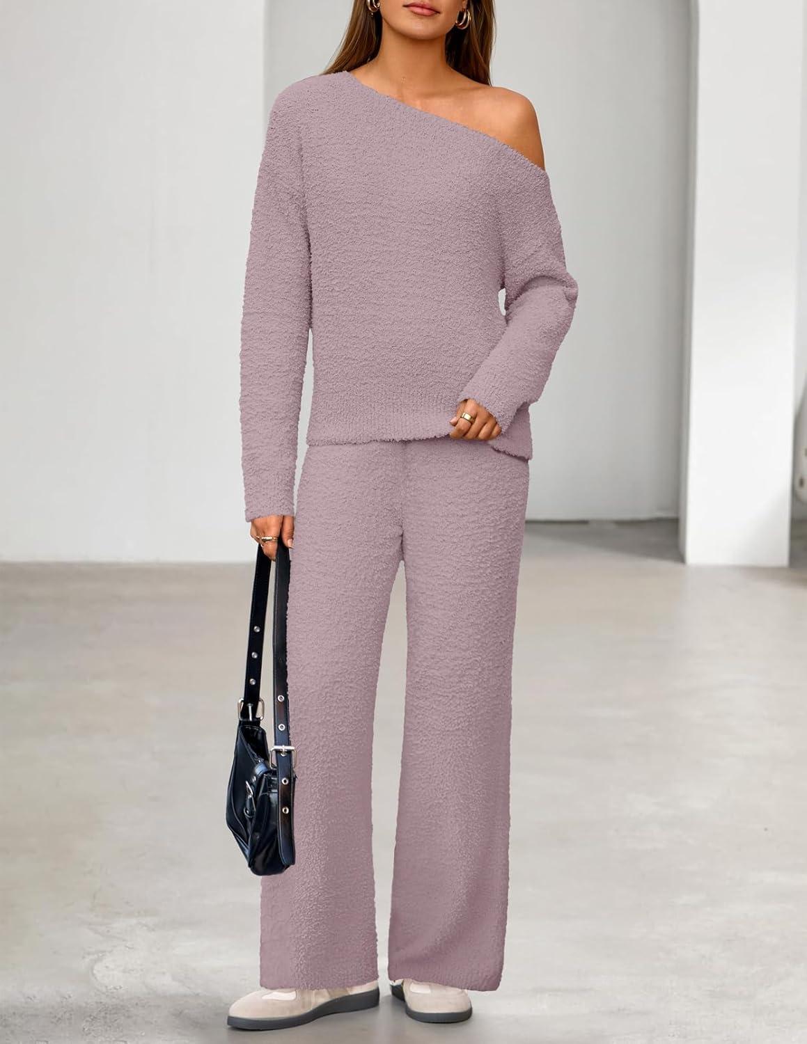 imageMEROKEETY Womens Fall Pajama Set Fuzzy Fleece 2 Piece Loungewear Off Shoulder Sweater Tops Wide Leg Pants Matching OutfitsTaro