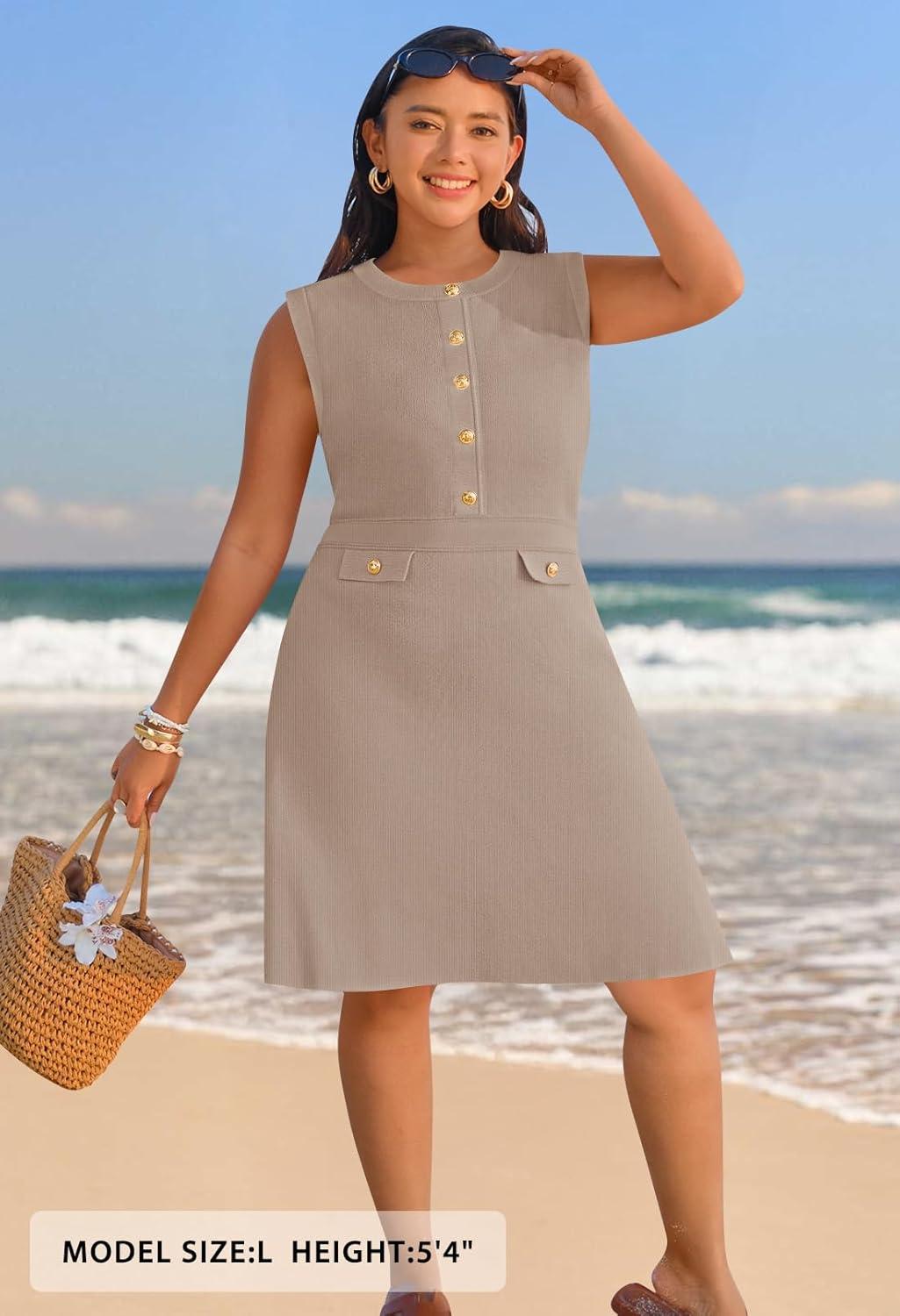 imageMEROKEETY Womens Formal Work Mini Dress Casual Summer Sleeveless Elegant Button Bussiness Office OutfitsCashmere