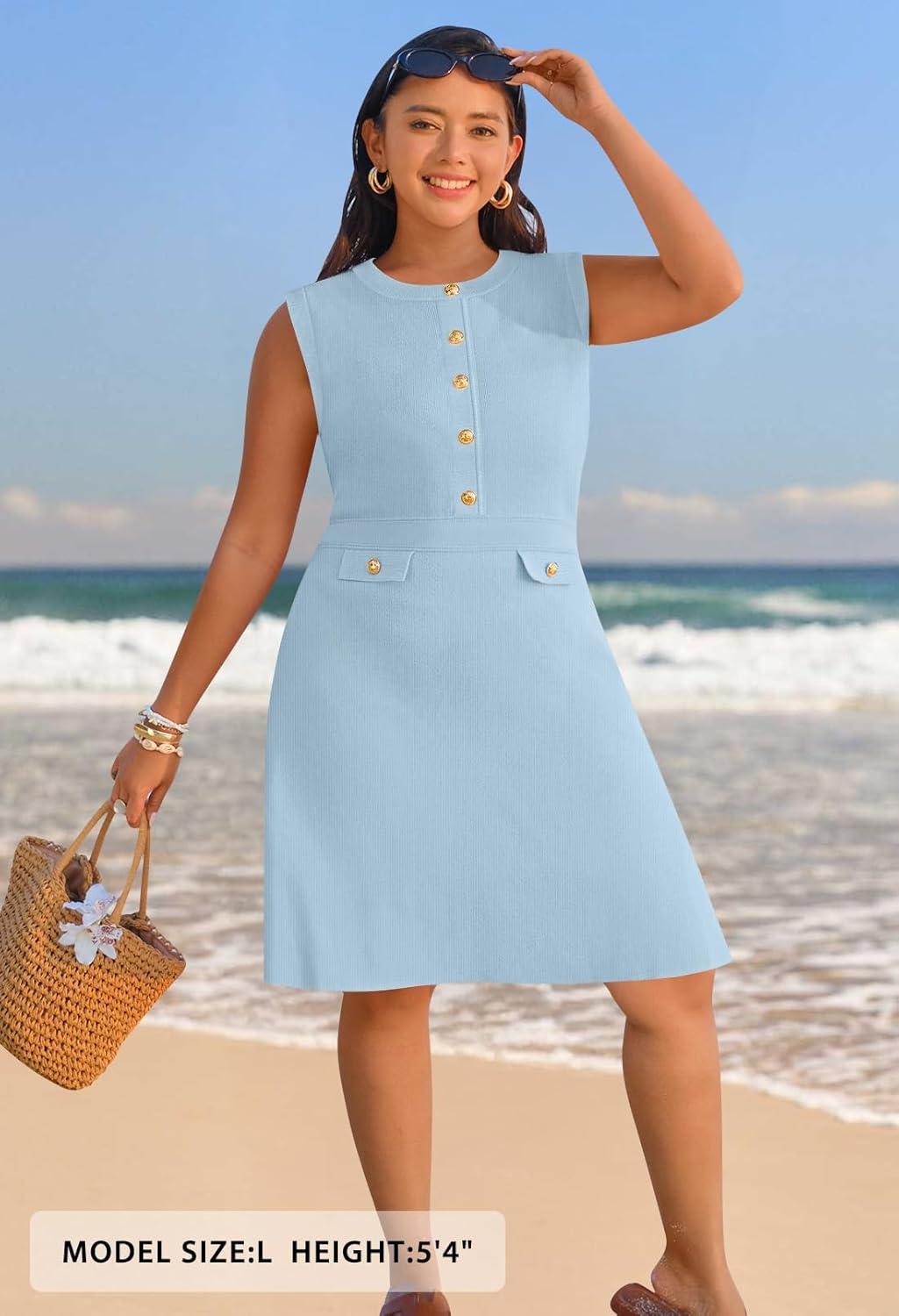 imageMEROKEETY Womens Formal Work Mini Dress Casual Summer Sleeveless Elegant Button Bussiness Office OutfitsLightblue