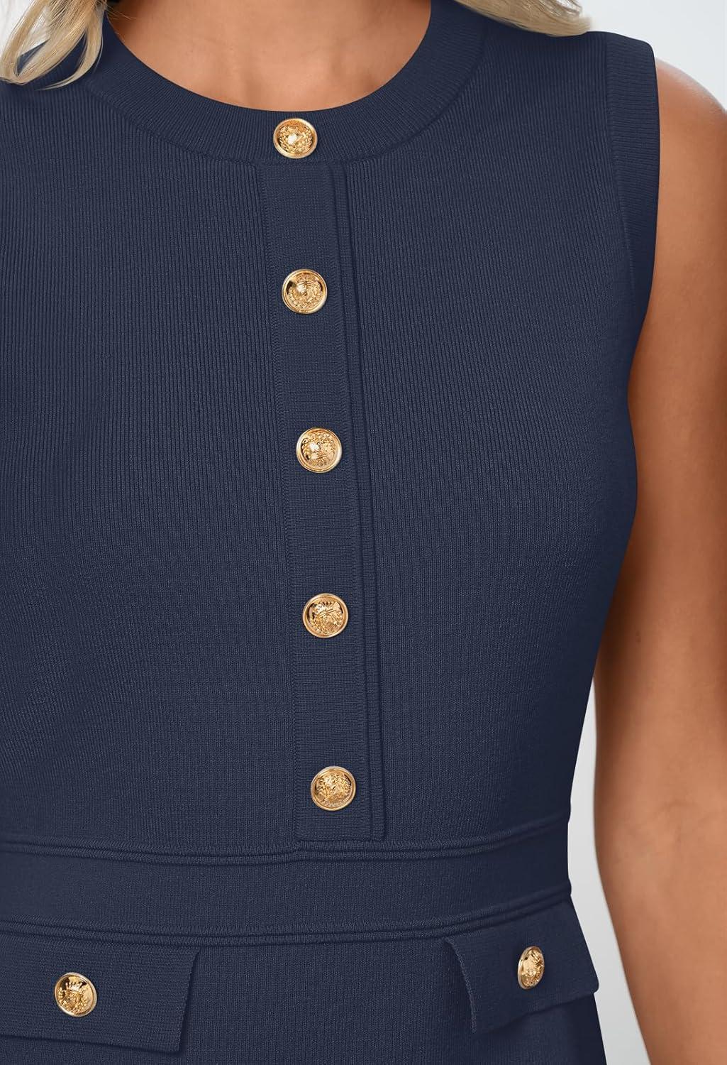 imageMEROKEETY Womens Formal Work Mini Dress Casual Summer Sleeveless Elegant Button Bussiness Office OutfitsNavy