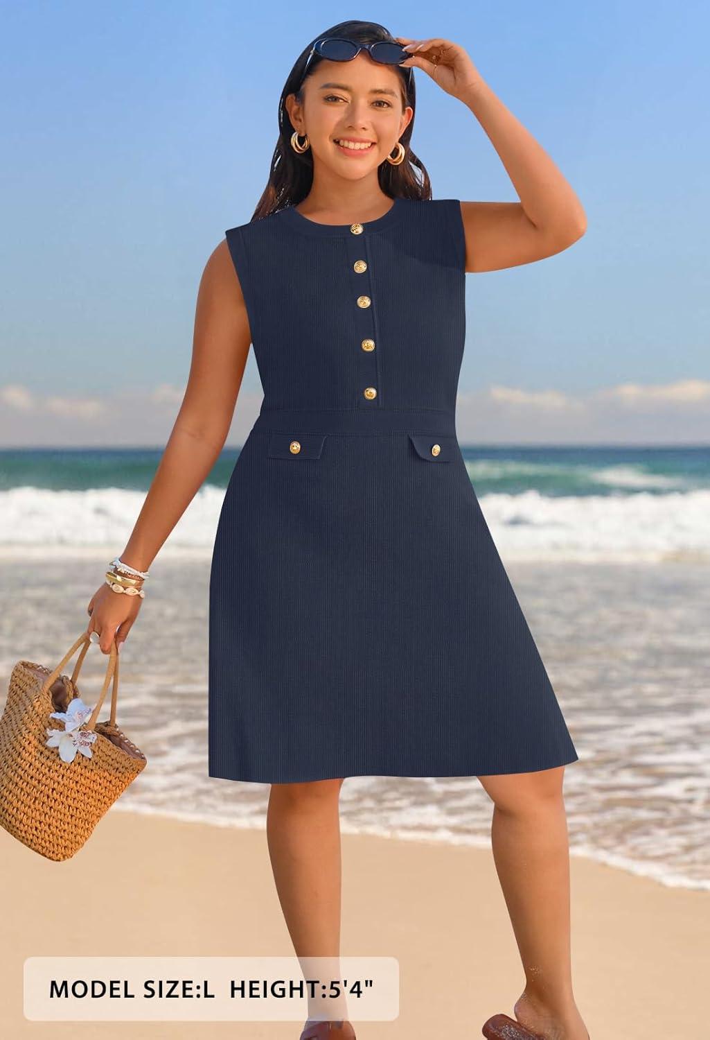 imageMEROKEETY Womens Formal Work Mini Dress Casual Summer Sleeveless Elegant Button Bussiness Office OutfitsNavy