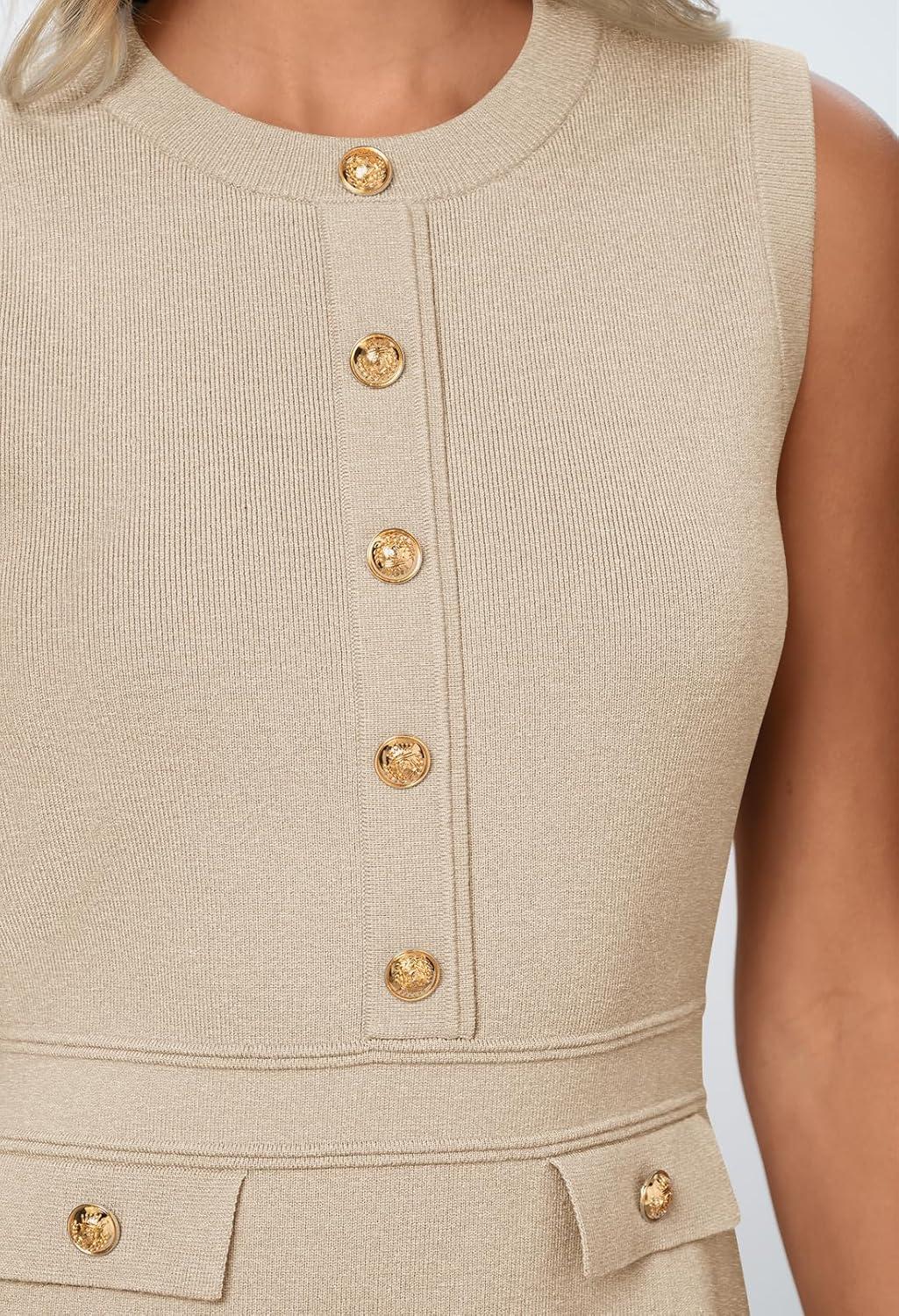imageMEROKEETY Womens Formal Work Mini Dress Casual Summer Sleeveless Elegant Button Bussiness Office OutfitsOatmeal