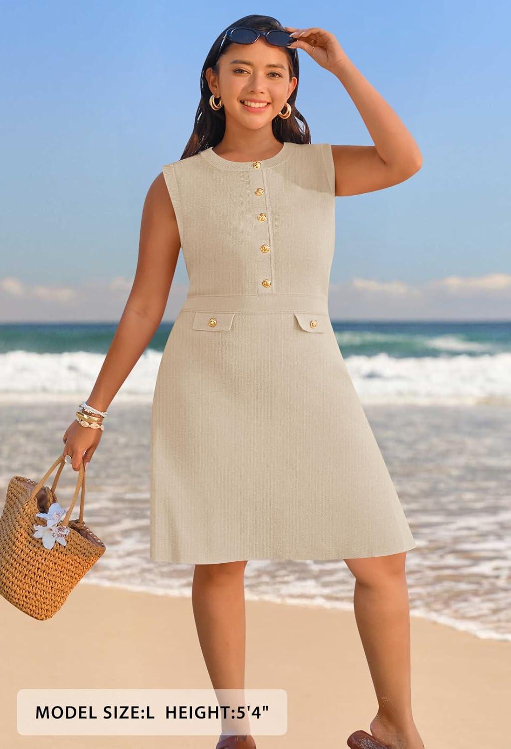 imageMEROKEETY Womens Formal Work Mini Dress Casual Summer Sleeveless Elegant Button Bussiness Office OutfitsOatmeal