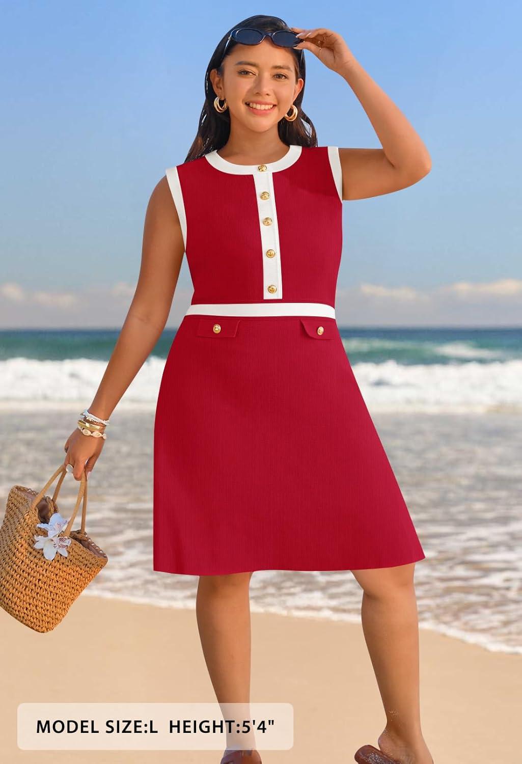 imageMEROKEETY Womens Formal Work Mini Dress Casual Summer Sleeveless Elegant Button Bussiness Office OutfitsRed