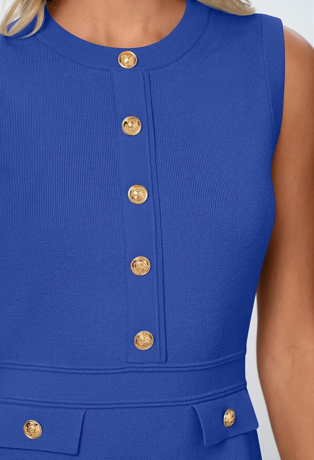 imageMEROKEETY Womens Formal Work Mini Dress Casual Summer Sleeveless Elegant Button Bussiness Office OutfitsRoyalblue