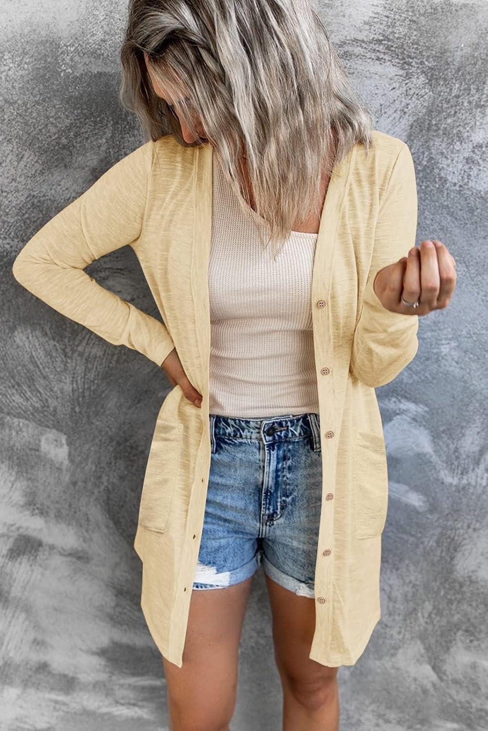 imageMEROKEETY Womens Lightweight Cardigan Summer Long Open Front Button Down Trendy Loose Outwear with PocketsApricot