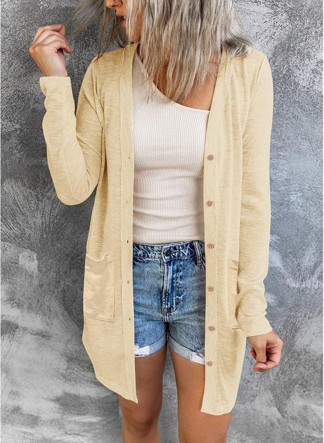 imageMEROKEETY Womens Lightweight Cardigan Summer Long Open Front Button Down Trendy Loose Outwear with PocketsApricot
