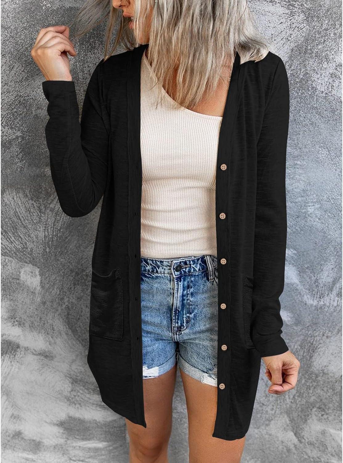 imageMEROKEETY Womens Lightweight Cardigan Summer Long Open Front Button Down Trendy Loose Outwear with PocketsBlack