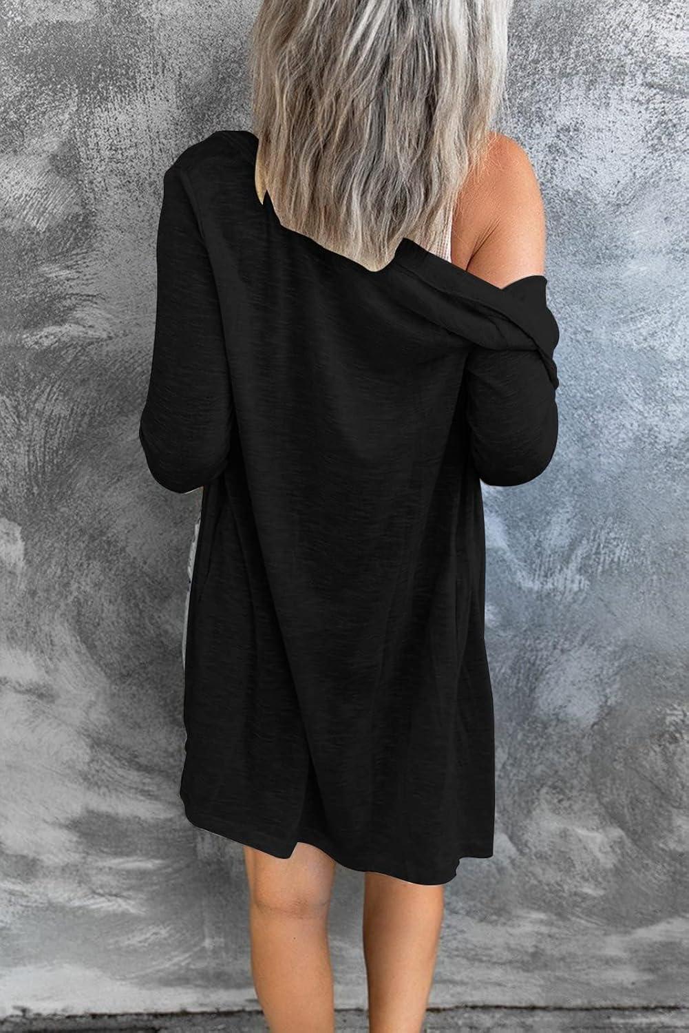 imageMEROKEETY Womens Lightweight Cardigan Summer Long Open Front Button Down Trendy Loose Outwear with PocketsBlack