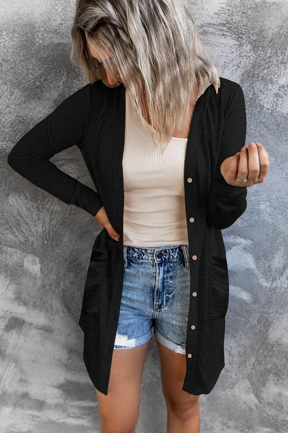 imageMEROKEETY Womens Lightweight Cardigan Summer Long Open Front Button Down Trendy Loose Outwear with PocketsBlack