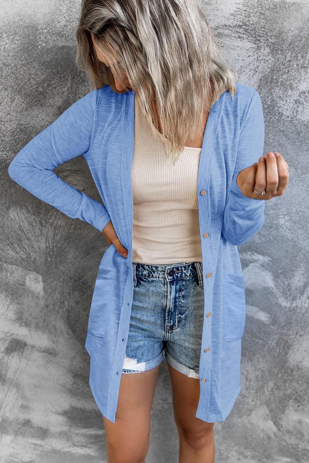 imageMEROKEETY Womens Lightweight Cardigan Summer Long Open Front Button Down Trendy Loose Outwear with PocketsBlue