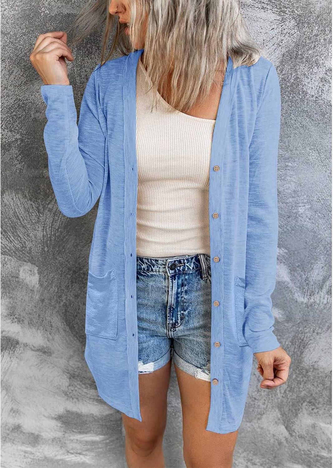 imageMEROKEETY Womens Lightweight Cardigan Summer Long Open Front Button Down Trendy Loose Outwear with PocketsBlue
