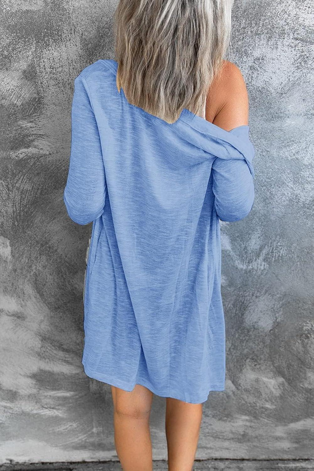 imageMEROKEETY Womens Lightweight Cardigan Summer Long Open Front Button Down Trendy Loose Outwear with PocketsBlue