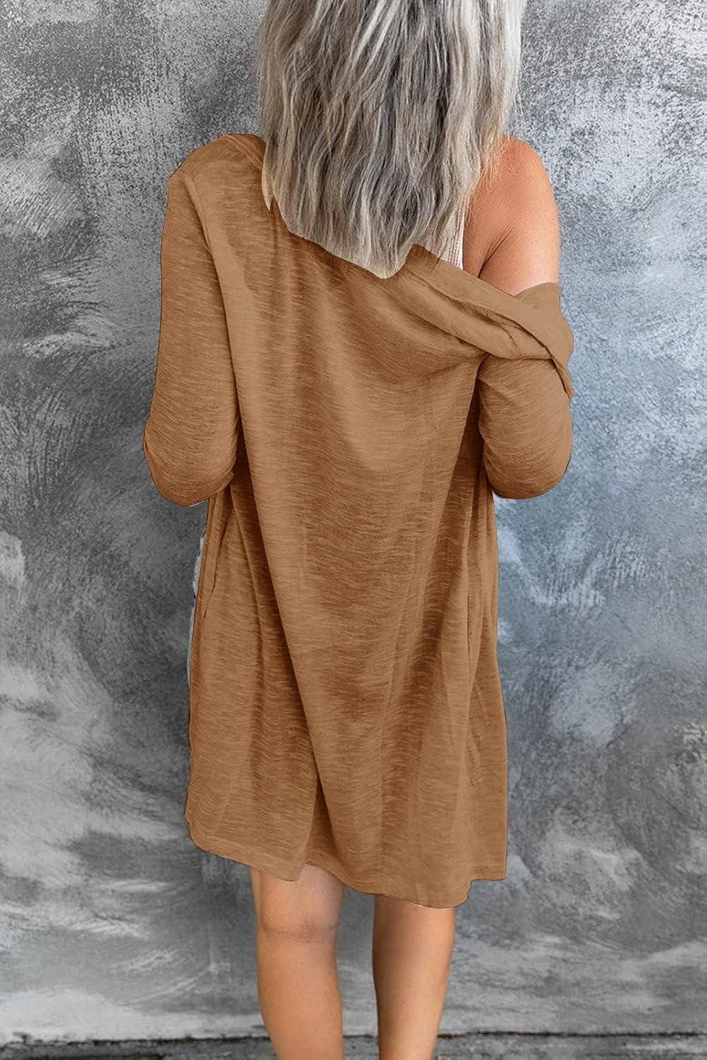 imageMEROKEETY Womens Lightweight Cardigan Summer Long Open Front Button Down Trendy Loose Outwear with PocketsBrown