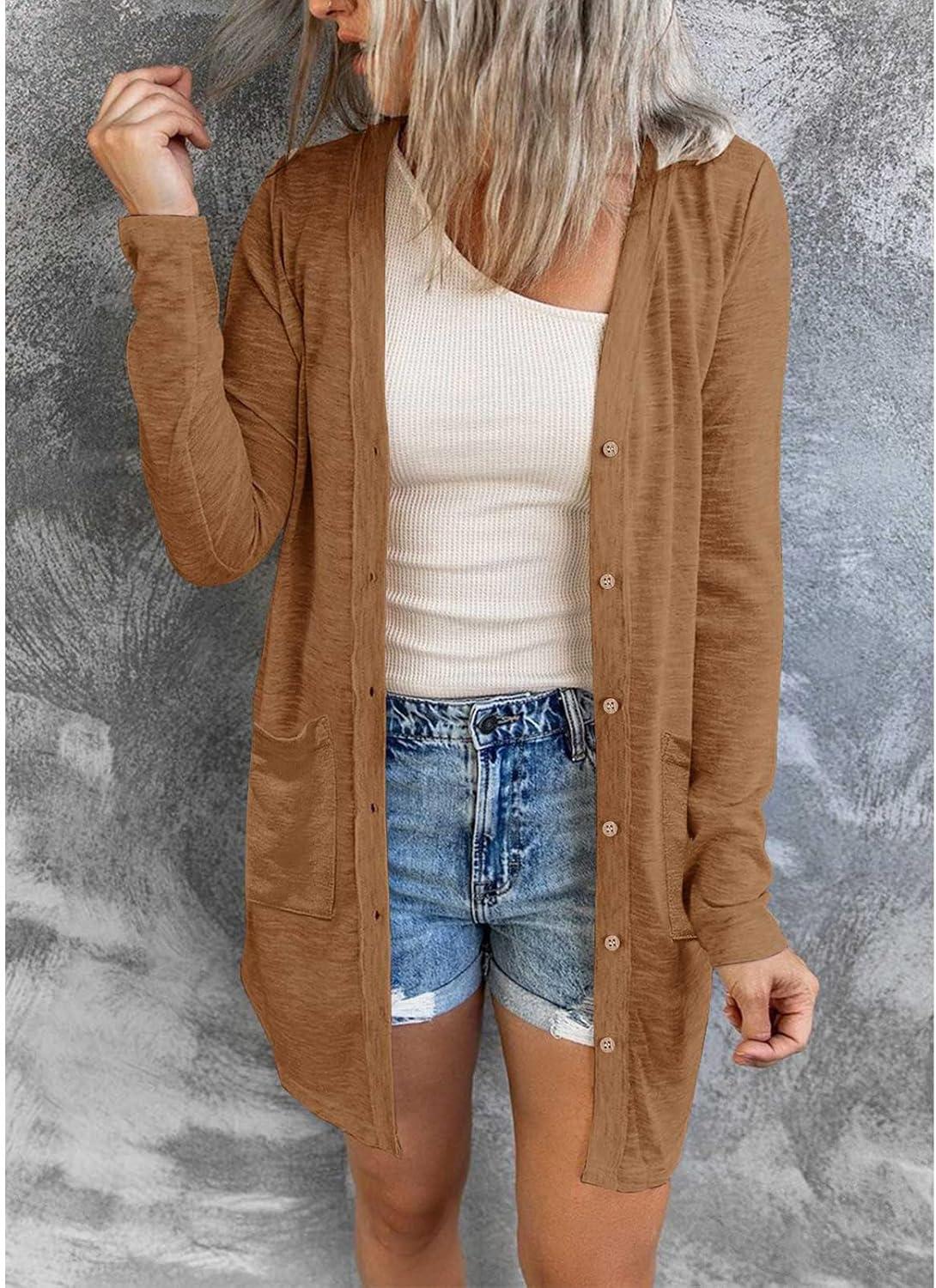 imageMEROKEETY Womens Lightweight Cardigan Summer Long Open Front Button Down Trendy Loose Outwear with PocketsBrown