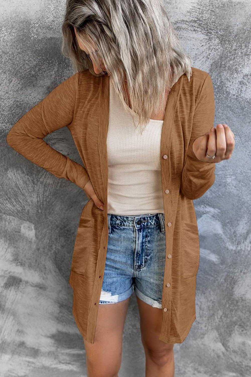 imageMEROKEETY Womens Lightweight Cardigan Summer Long Open Front Button Down Trendy Loose Outwear with PocketsBrown