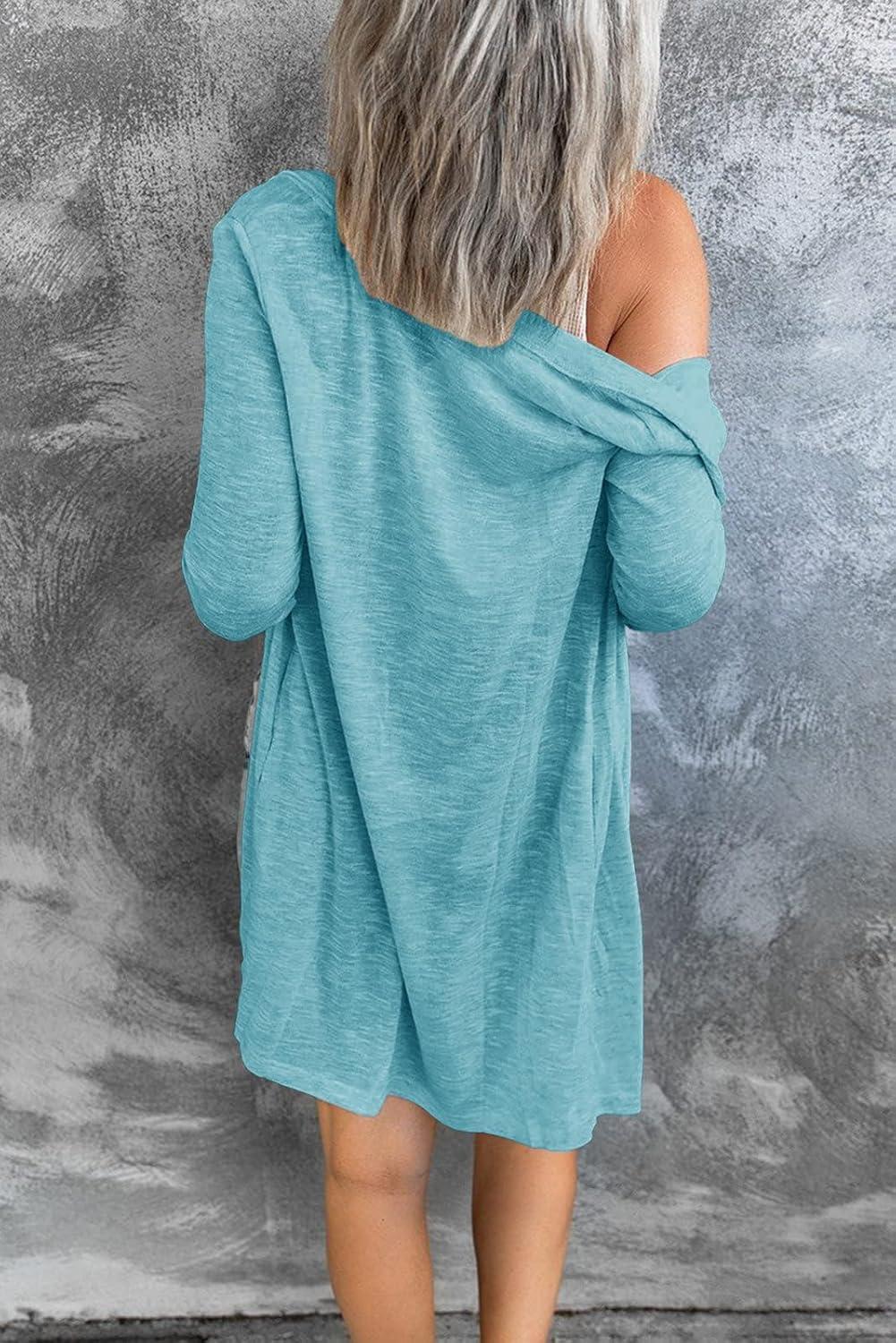 imageMEROKEETY Womens Lightweight Cardigan Summer Long Open Front Button Down Trendy Loose Outwear with PocketsLakeblue