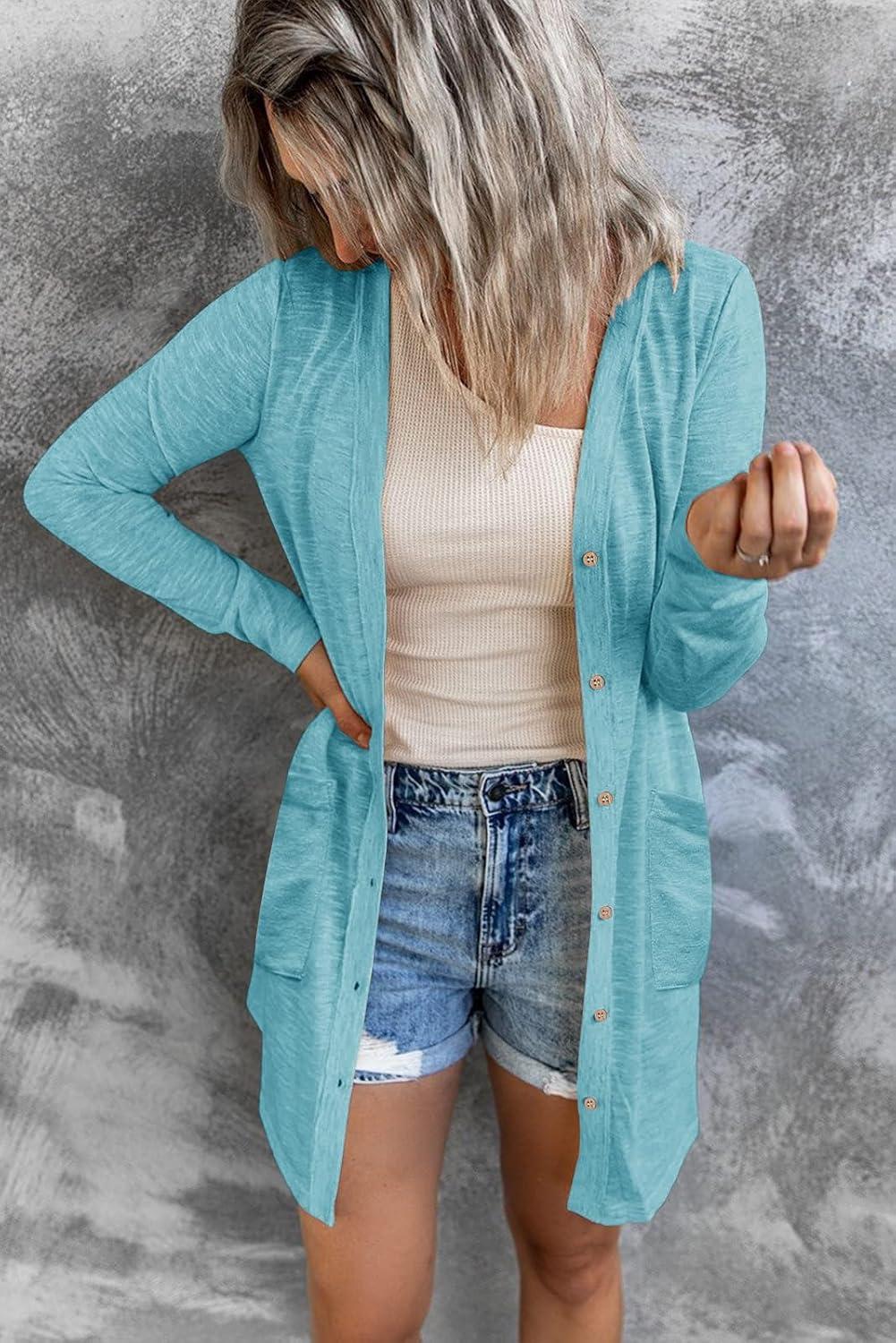 imageMEROKEETY Womens Lightweight Cardigan Summer Long Open Front Button Down Trendy Loose Outwear with PocketsLakeblue