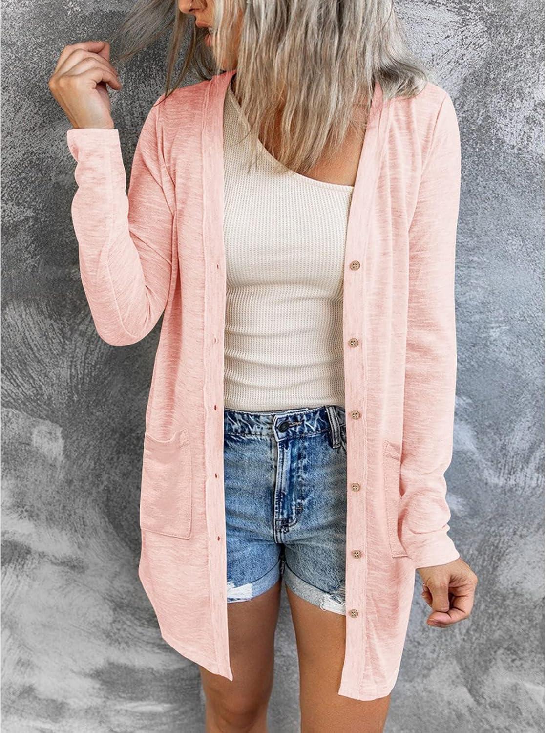 imageMEROKEETY Womens Lightweight Cardigan Summer Long Open Front Button Down Trendy Loose Outwear with PocketsLightpink