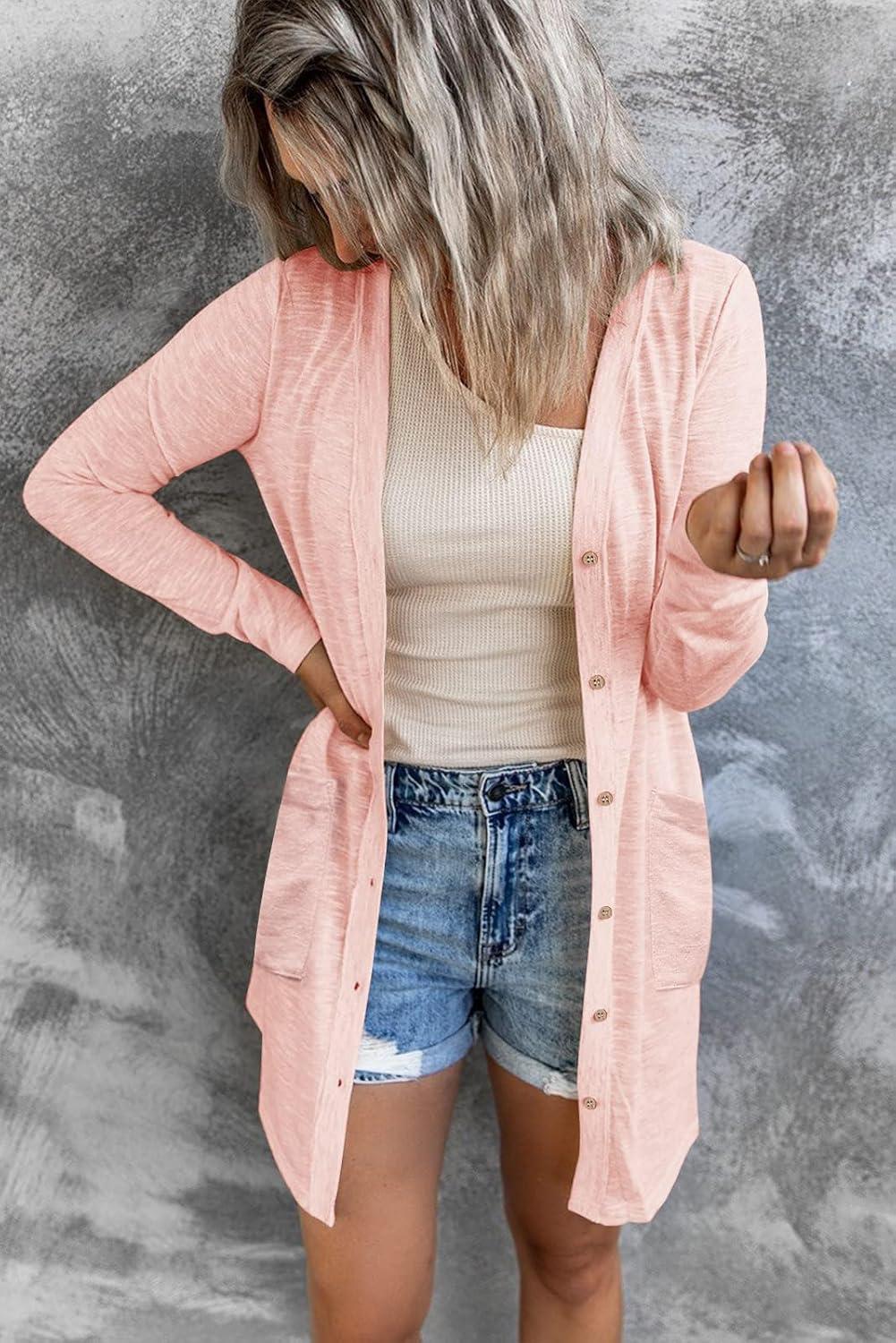 imageMEROKEETY Womens Lightweight Cardigan Summer Long Open Front Button Down Trendy Loose Outwear with PocketsLightpink