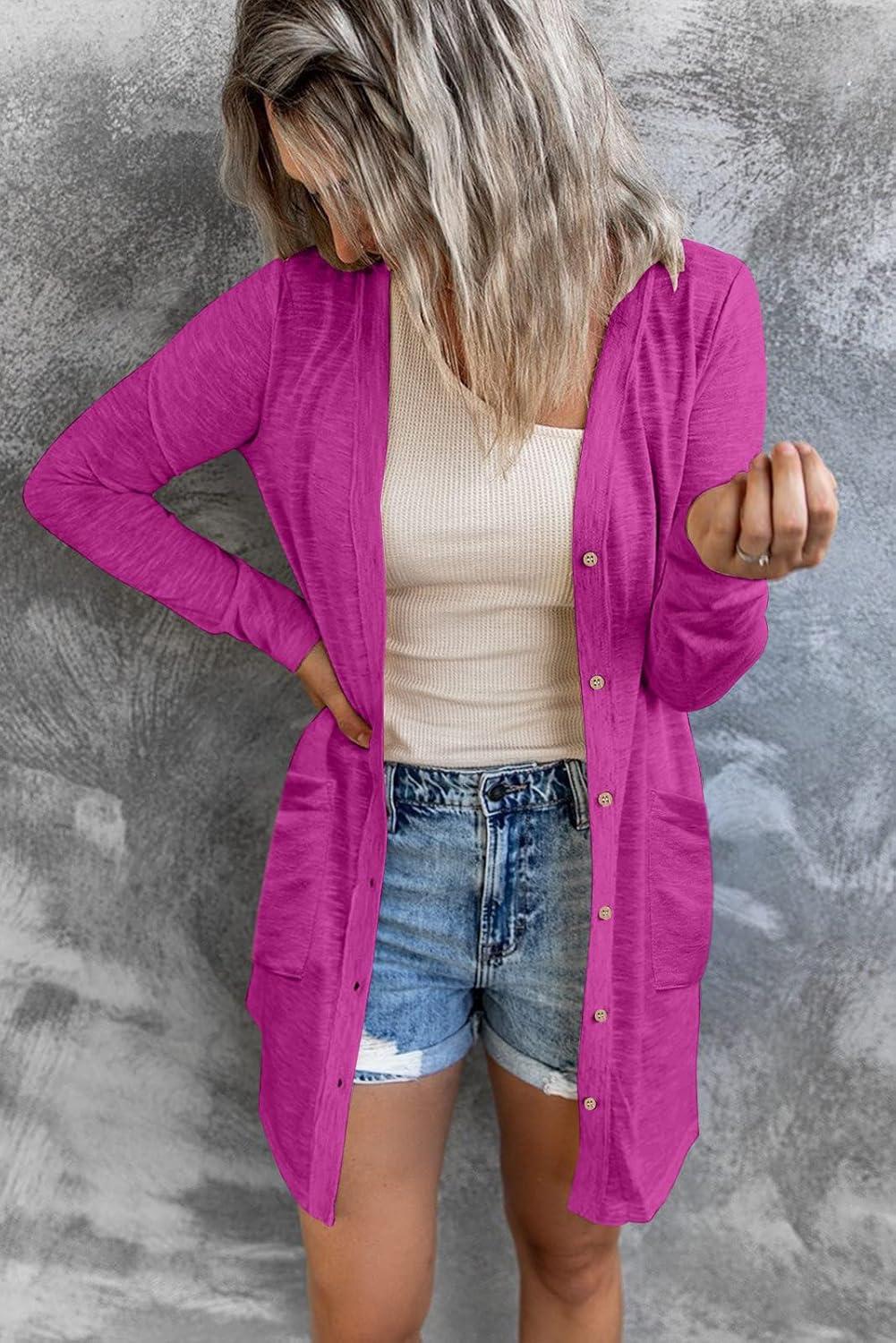 imageMEROKEETY Womens Lightweight Cardigan Summer Long Open Front Button Down Trendy Loose Outwear with PocketsMagenta