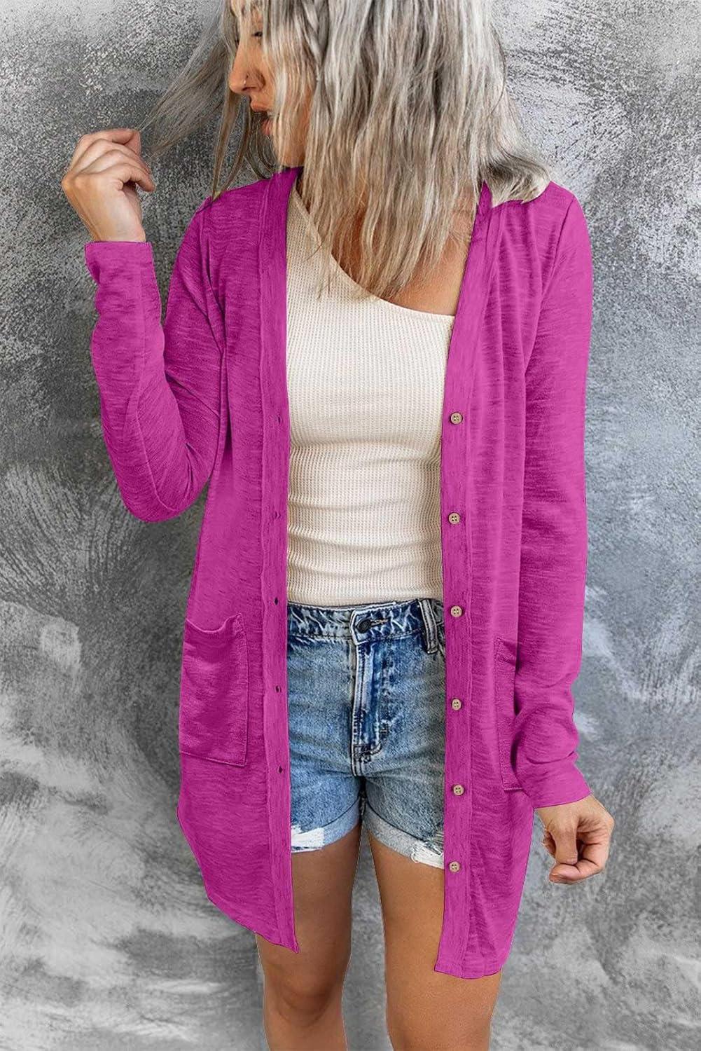 imageMEROKEETY Womens Lightweight Cardigan Summer Long Open Front Button Down Trendy Loose Outwear with PocketsMagenta