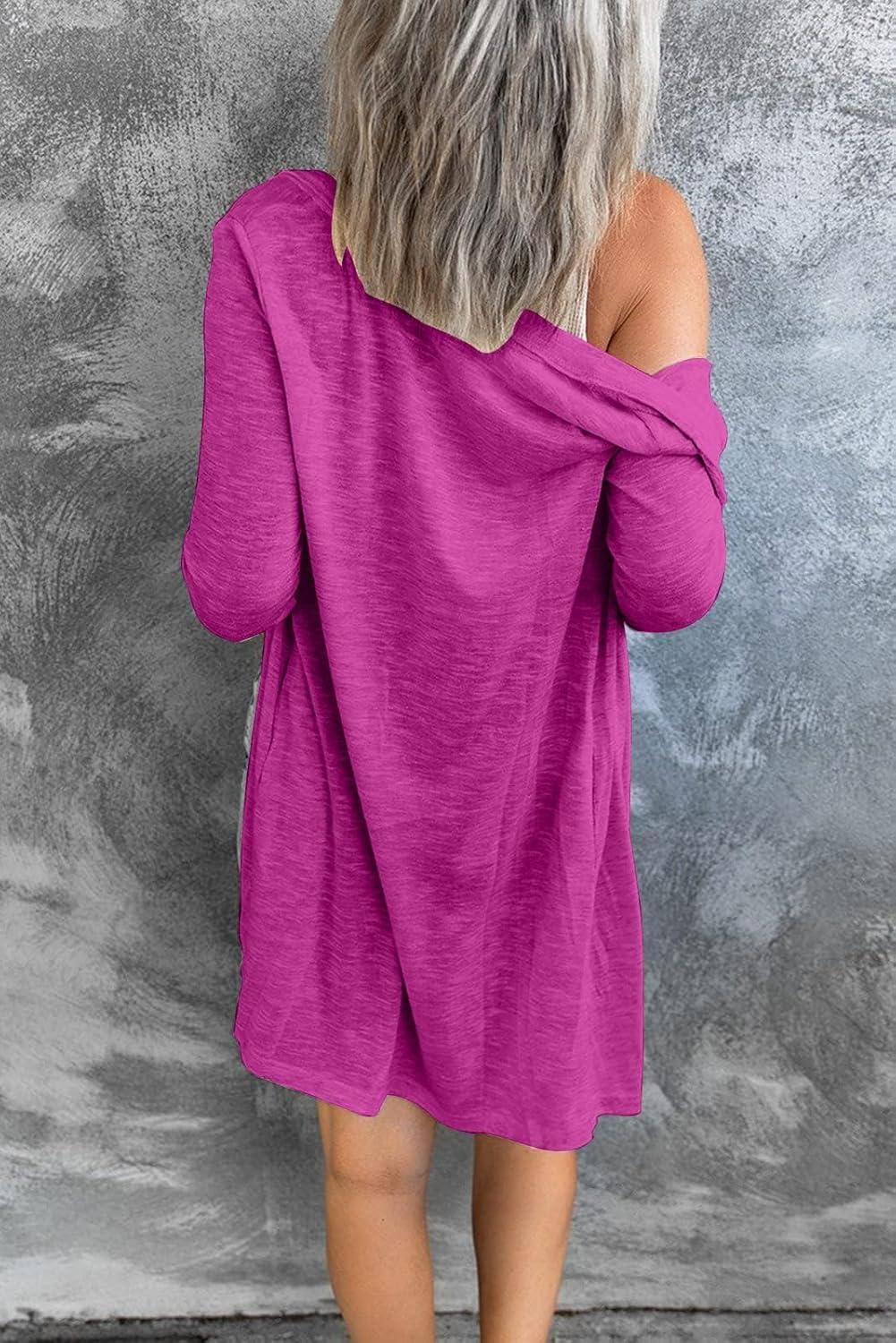 imageMEROKEETY Womens Lightweight Cardigan Summer Long Open Front Button Down Trendy Loose Outwear with PocketsMagenta